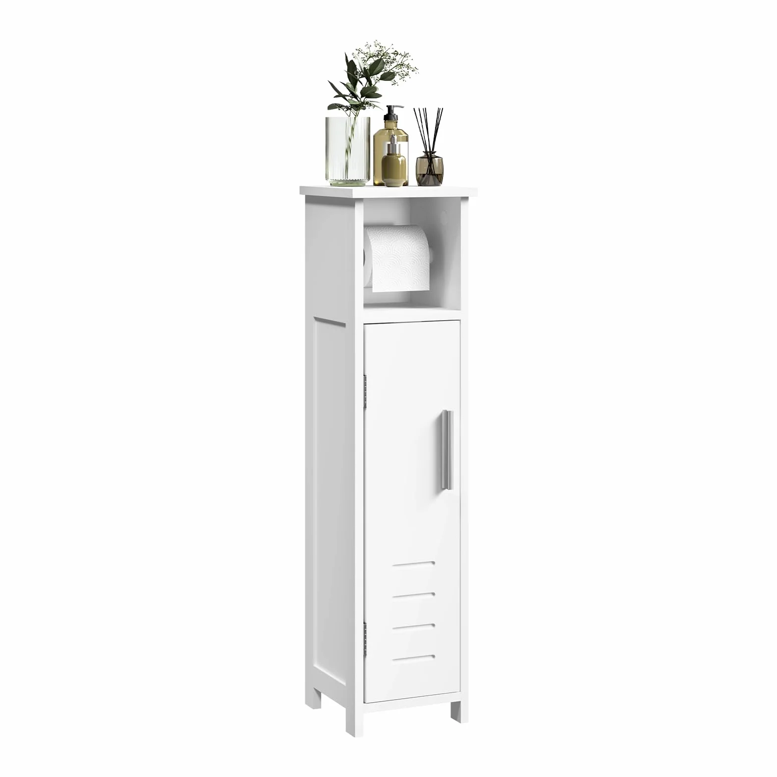 EUGAD Armario Inodoro con Portarrollo, Soporte para Papel Higiénico, Armario Baño Estrecho de Piso con Portarrollo, Mueble Baño Pequeño con 2 Estantes Interiores, 18x71x18 cm, Blanco