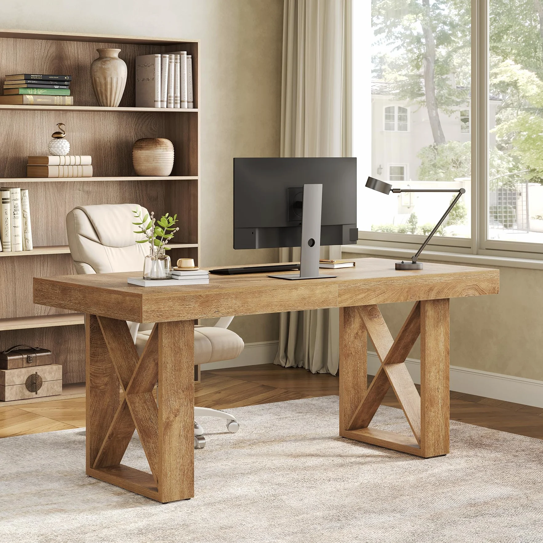 Tribesigns Escritorio, 160 cm, Mesa De Estudio De Ordenador, Diseño Sencillo y de Apariencia Robusta, Escritorio Ejecutivo para Estudio, Gaming y Trabajo en el Hogar, Color Marrón Amarillento