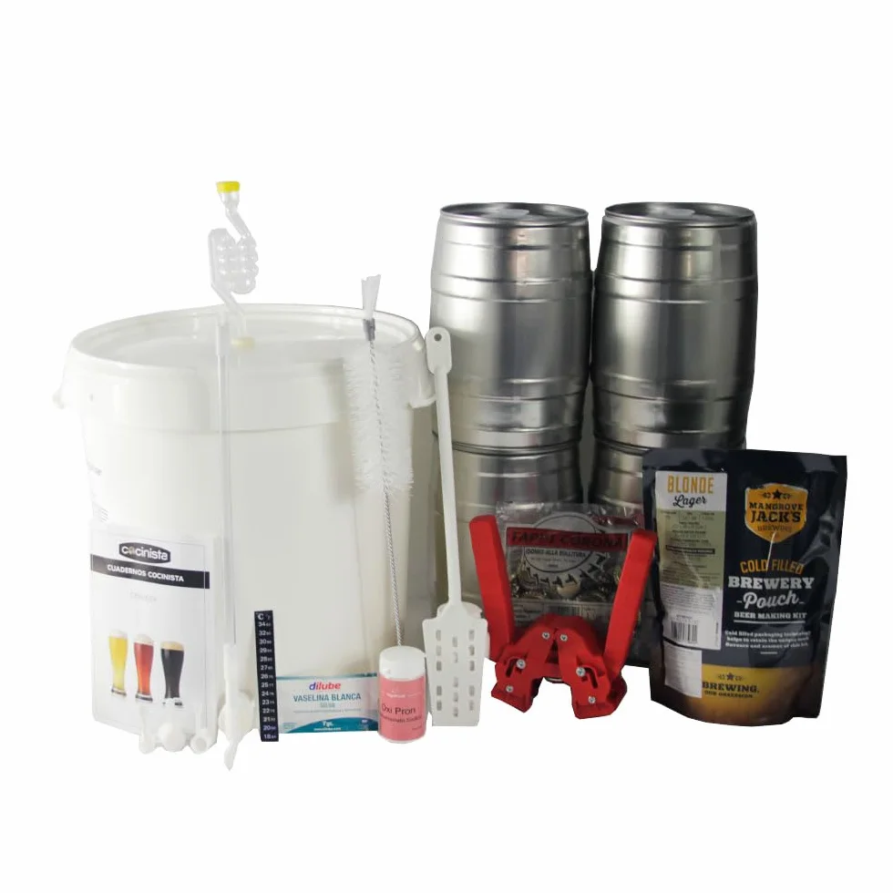 Kit para hacer cerveza artesana en casa 30 L con fermentador 30 L y 4 barriles 5 L, extracto de malta lupulizado, levadura, grifo antisedimento, airlock, desinfectante sin aclarado, guía paso a paso