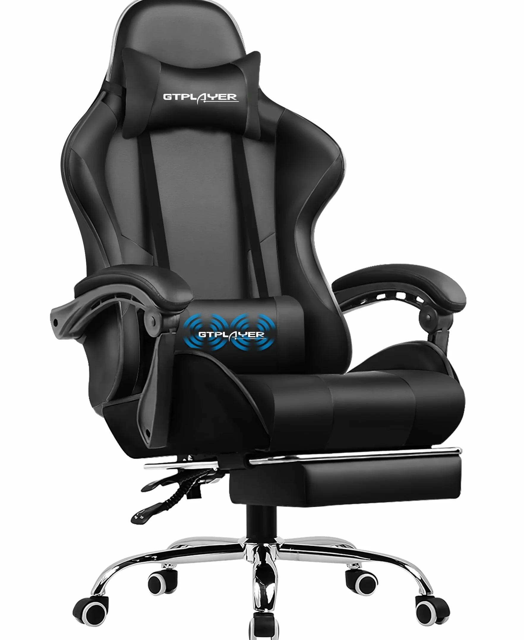 GTPLAYER Silla Gaming con Masajeador Ergonómica Silla Gamer con Reposapiés Reposacabeza, Silla de Oficina Ergonómica, Soporte Lumbar, Silla Juego Ajustable en Altura, Negro