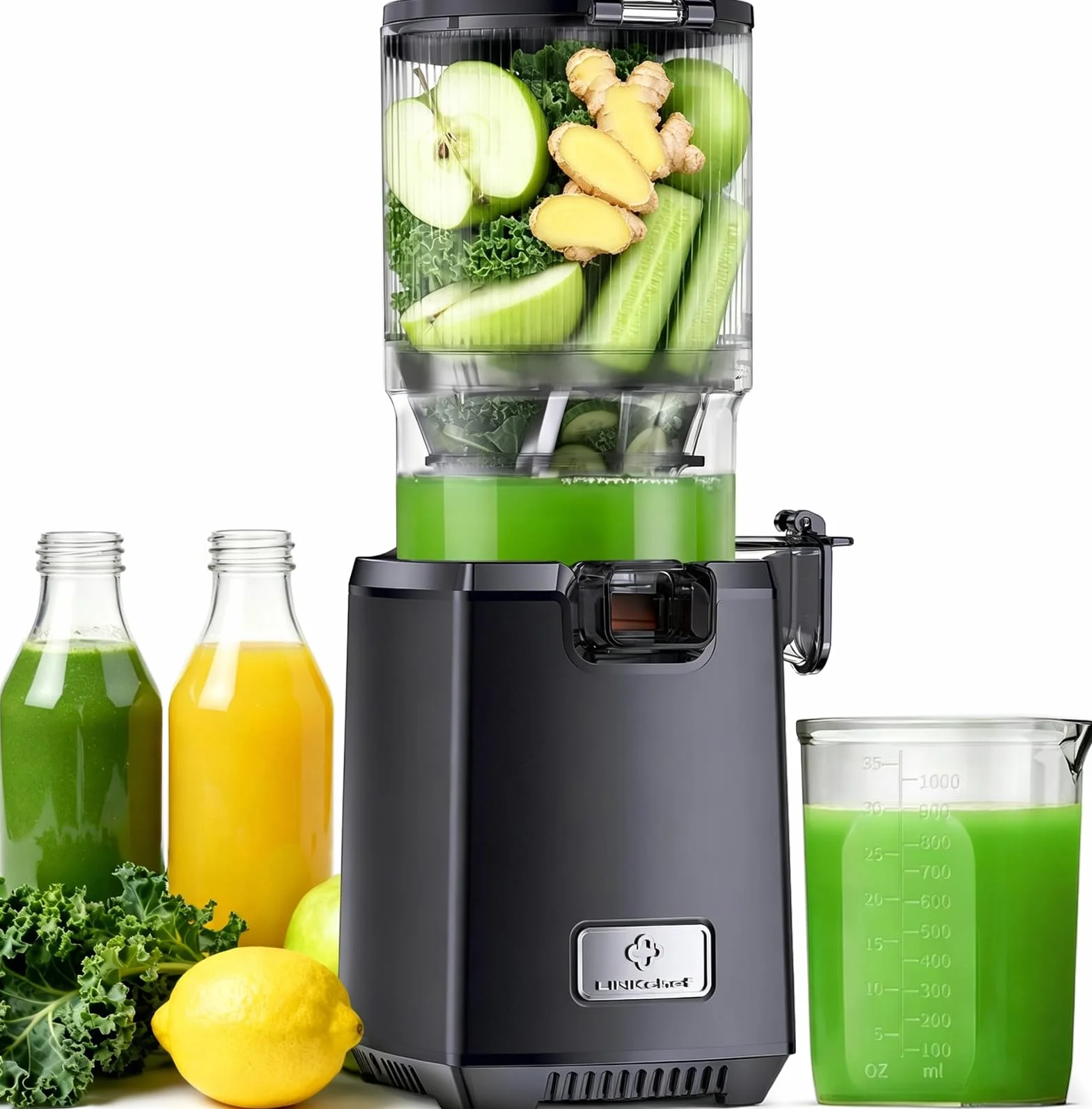 LINKChef Fruta Entera Extractor de Zumos y Verduras, 130mm Calibrey 1,8L Licuadora Prensado en Frio, 250W Extractor de Jugo Juicer Machine, Función de Masticación Inversa, Fácil de instalar y limpiar