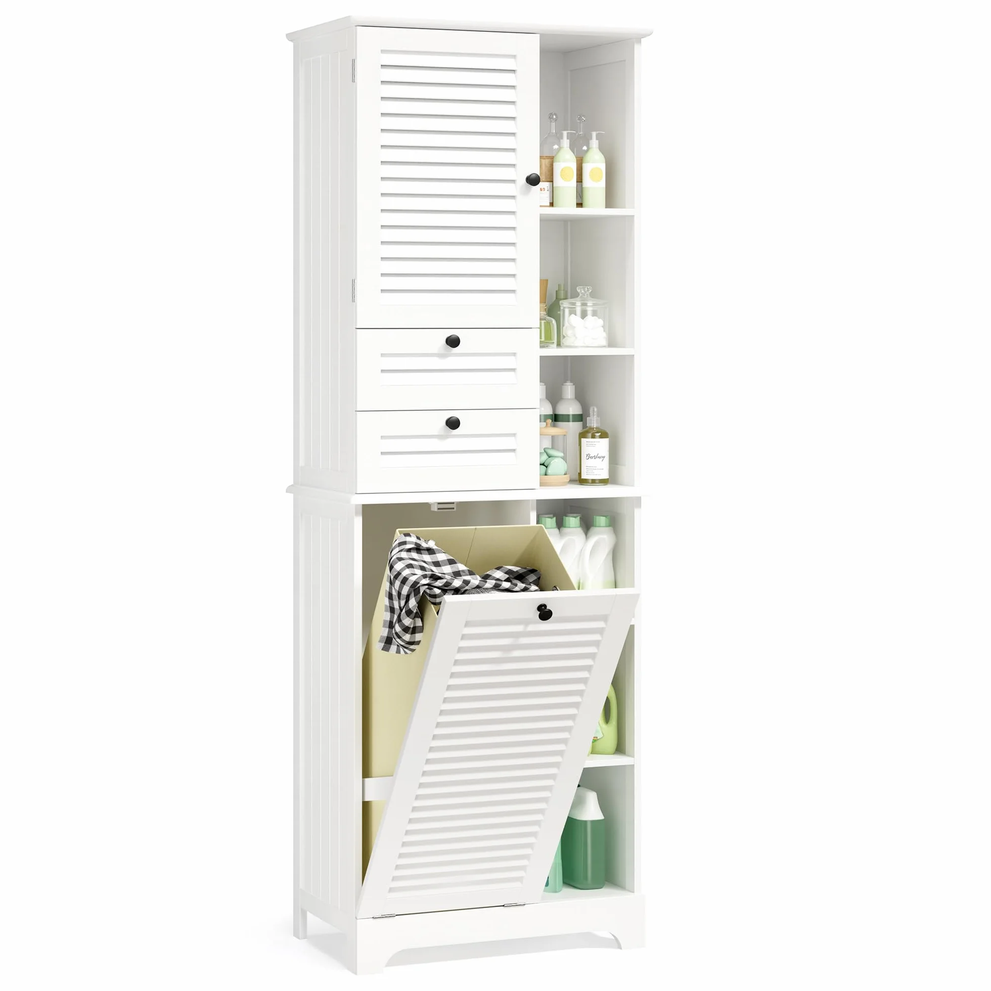 Xbro Mueble Baño con Cesto para Ropa, Armario Alto para Baño de 170x37x60cm, Armario Estrecho para Baño, Sala de Estar, Cocina, Blanco