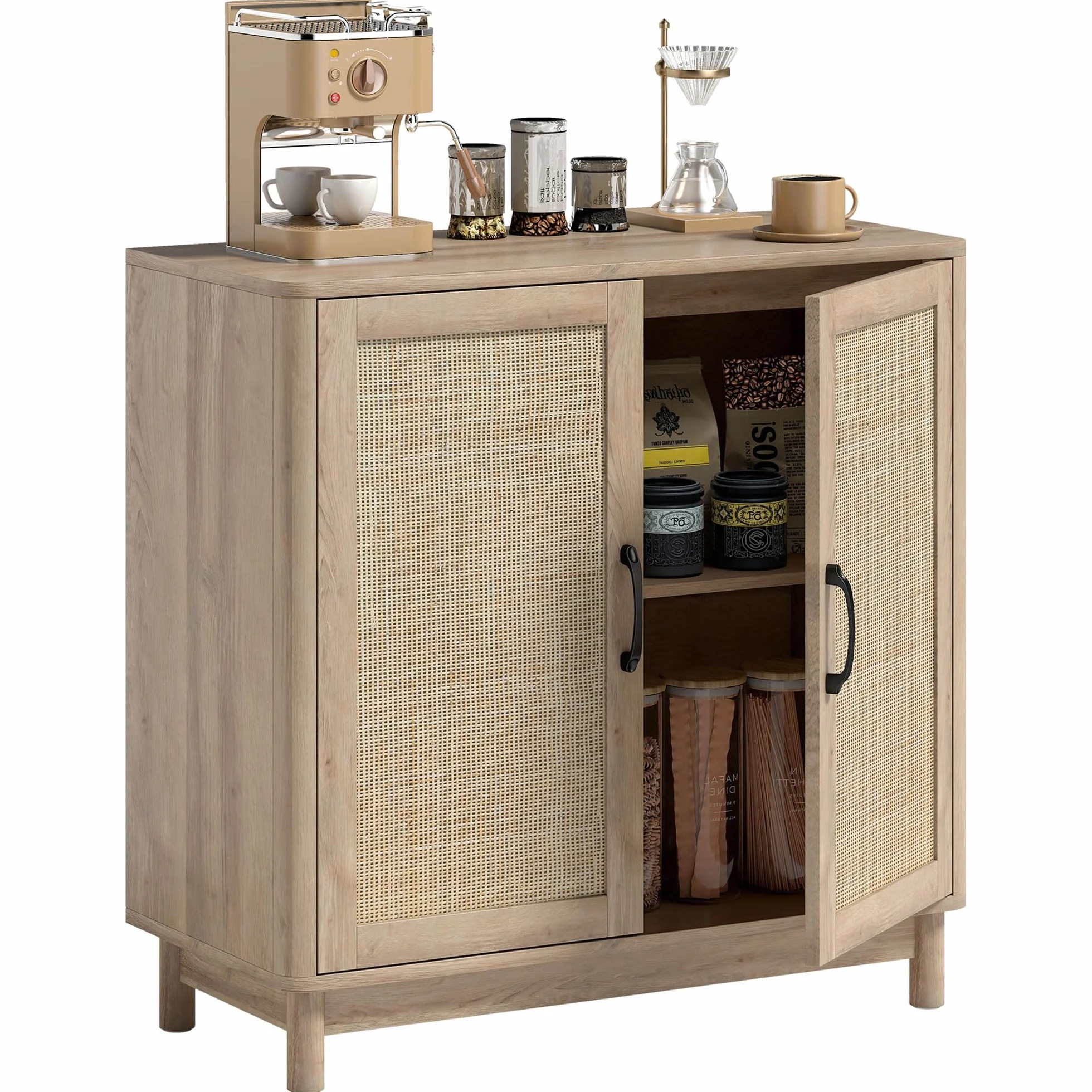 HOMCOM Aparador Salón 2 Puertas de Ratán Estilo Bohemio 76 x 35 x 75,5 cm Roble | Mueble de almacenamiento, estante ajustable, bordes redondeados, aparador, comedor y cocina