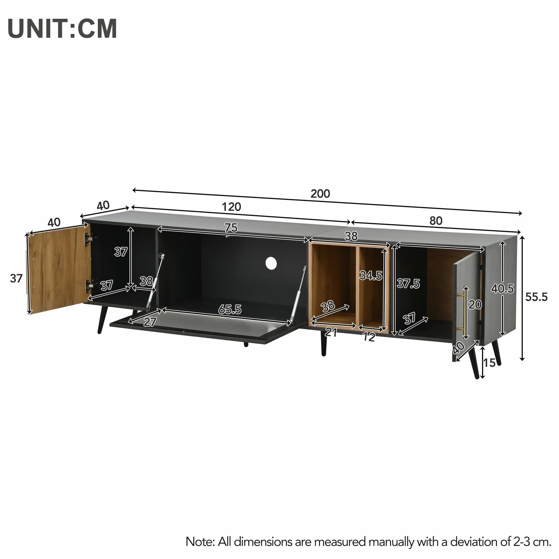 Mueble para TV de 200 cm, Soporte para TV de 90 Pulgadas con 2 Puertas, Armario Bajo con Puertas de Cristal Plegables y Espacio de Almacenamiento para Salón Dormitorio, Gris