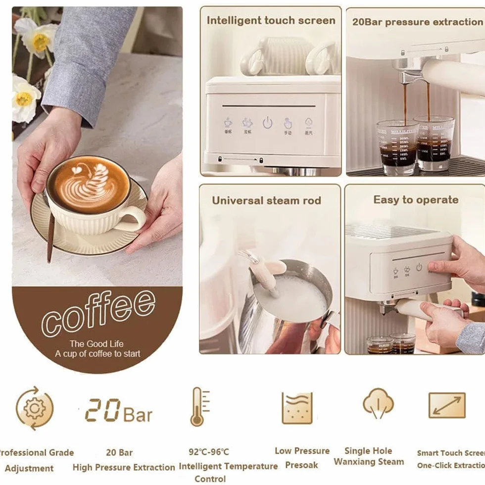 Cafetera Espresso De 20 Bares, Cafetera SemiautomáTica con Vaporizador De Leche, Pantalla TáCtil, Tanque De Agua De 60 Oz, Cafetera para El Hogar, MáQuina De Café con Leche MilkyWhite