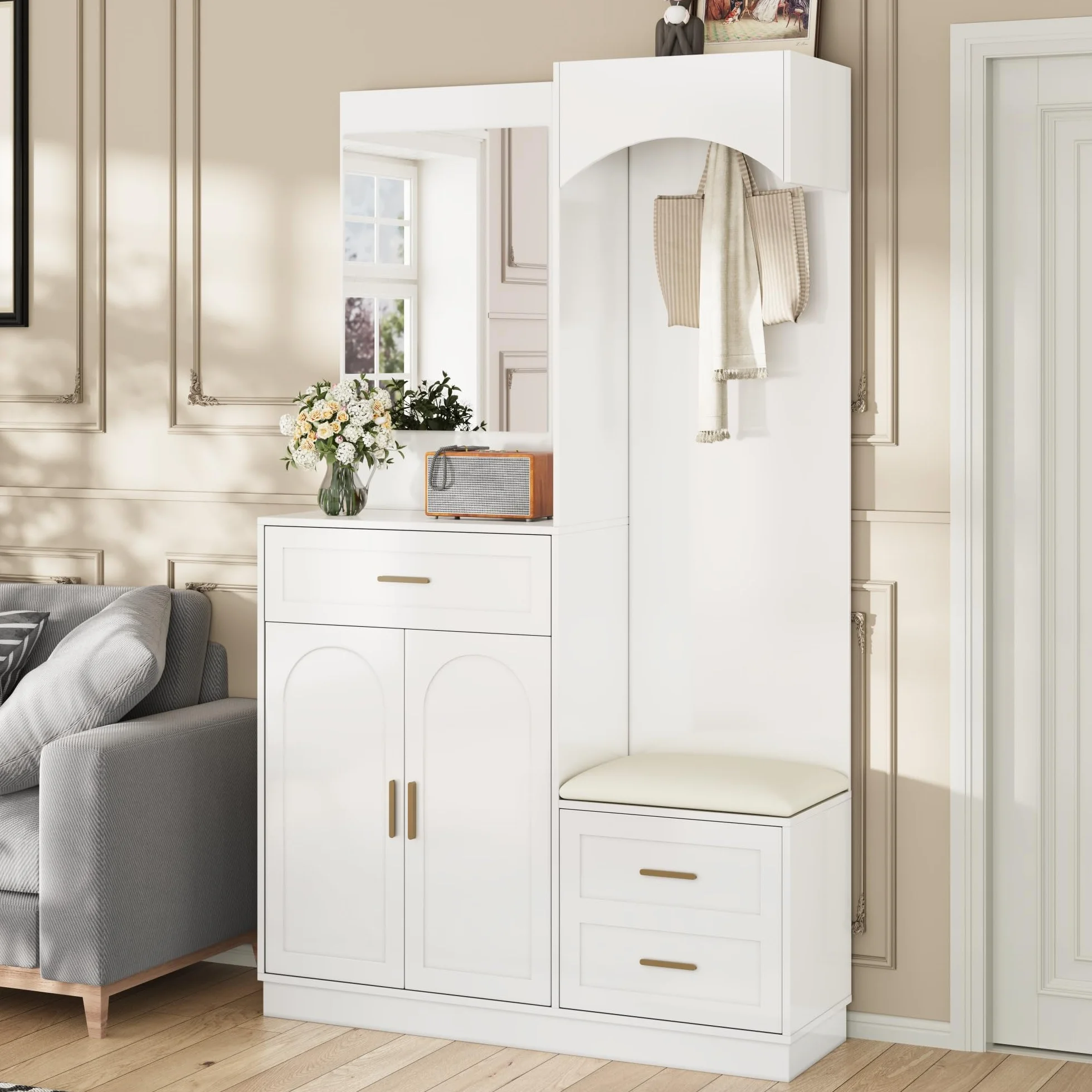 LAKFEW Juego de Perchero Moderno, Recibidores de Entrada con Espejo y Asiento, Conjunto de Perchero Entrada Recibidor Mueble Recibidor con Cajón y 3 Puertas, Percheros, 110x33x185.5 cm, Blanco