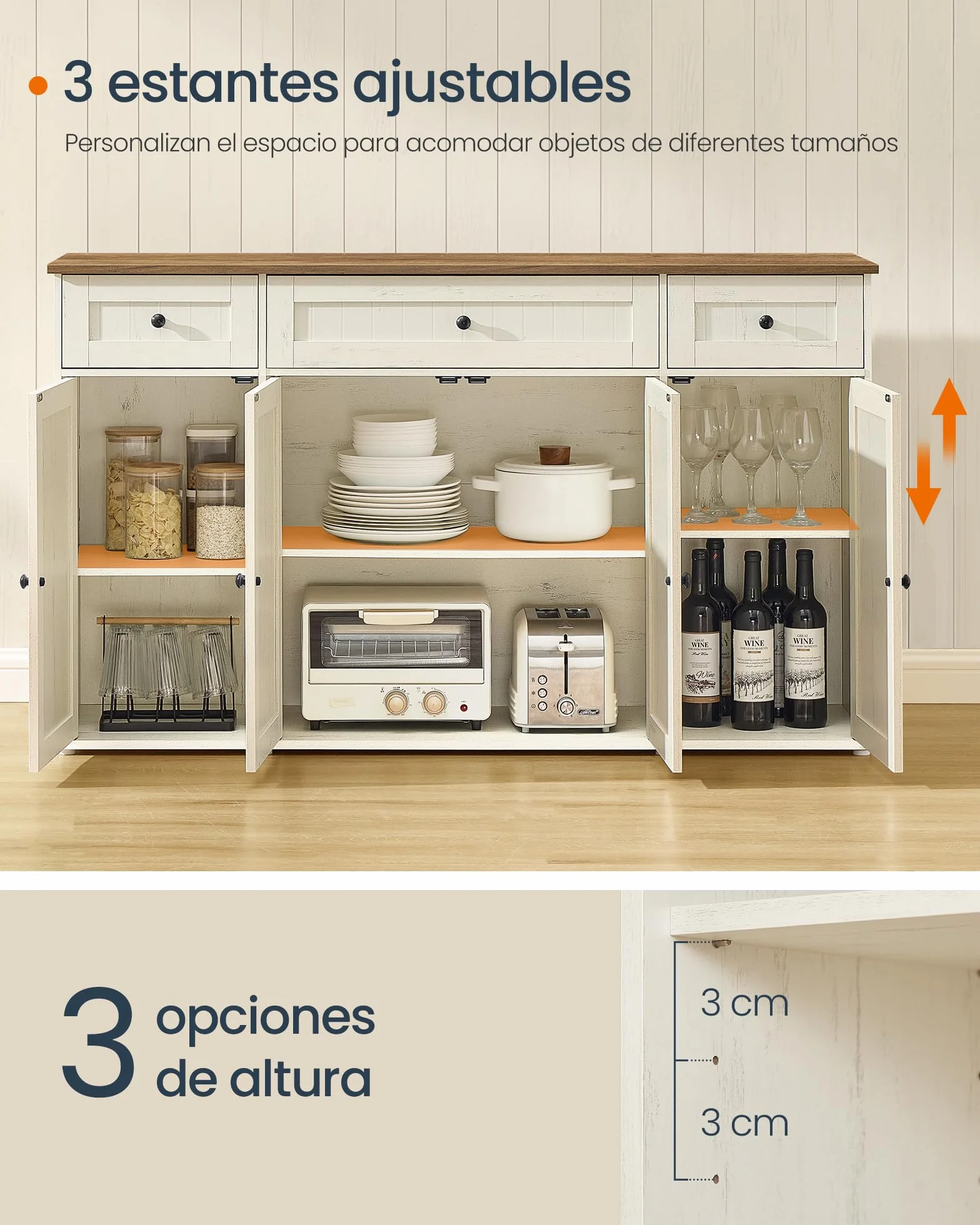 SONGMICS HOME Aparador, Montaje Súper Rápido Sin Herramientas Toolless, Mueble de Cocina con Encimera, Estantes Ajustables, Blanco Rústico y Marrón Miel BBK376WJ02