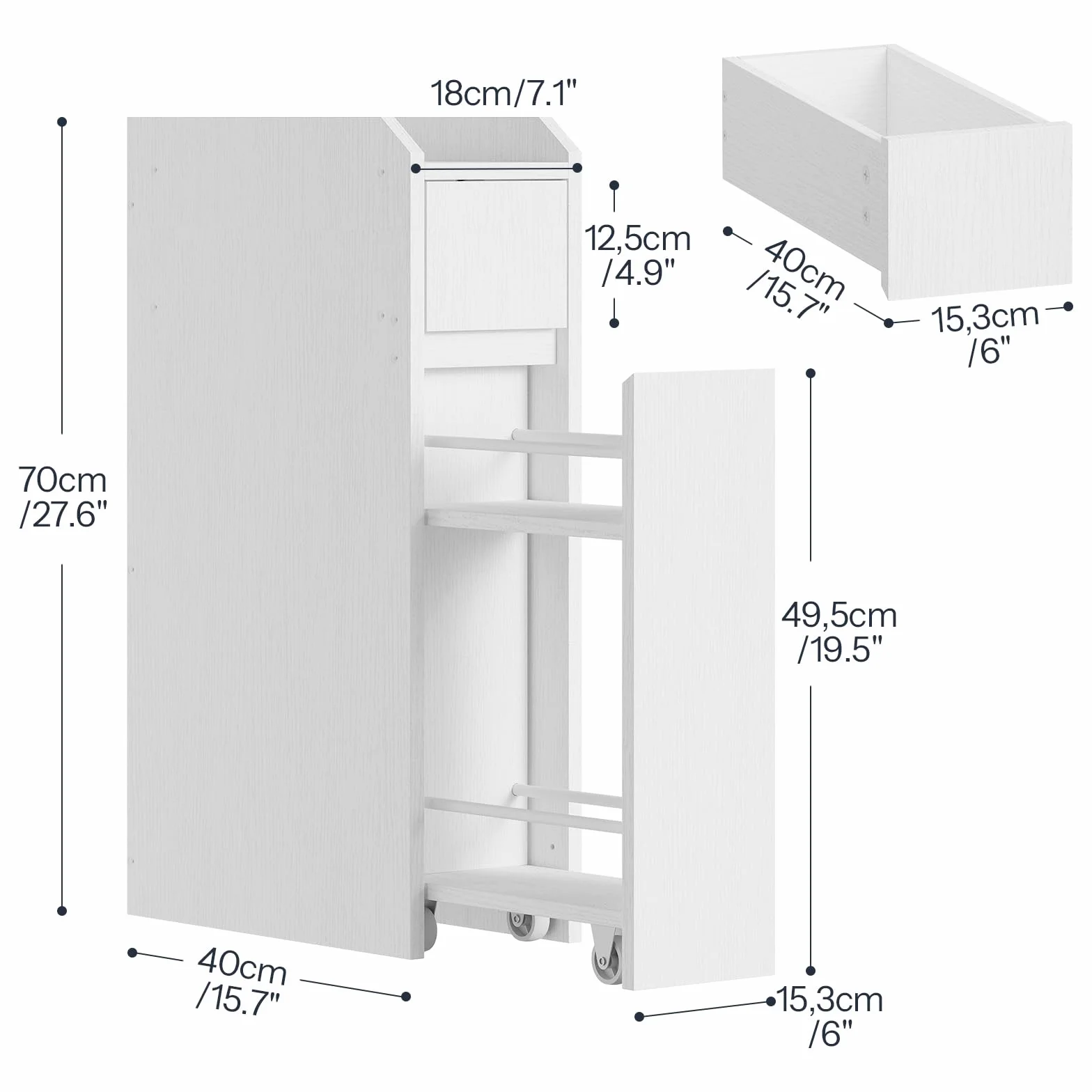 HOOBRO Armario para Baño Ultrafino, con 2 Cajones de Deslizamiento Suave y Dispositivo de Fijación, Mueble Estrecho de Almacenaje de Baño, para Lavadero, 18 x 40 x 70 cm, Blanco EWW11BC01