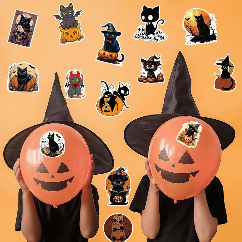 Set de Decoración de Gato-Bruja para Halloween, Figura de Resina con Sombrero de Bruja y 50 Pegatinas
