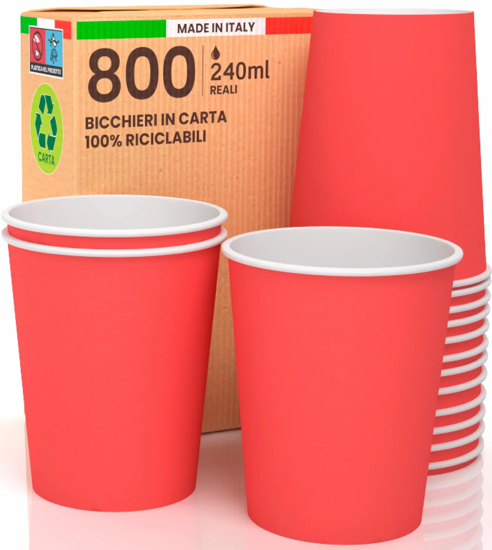 800 vasos de papel de 240 ml, ecológicos, biodegradables, desechables, fabricados en Italia, para llevar bebidas calientes, agua, de colores rojos, fabricados y envasados en Italia
