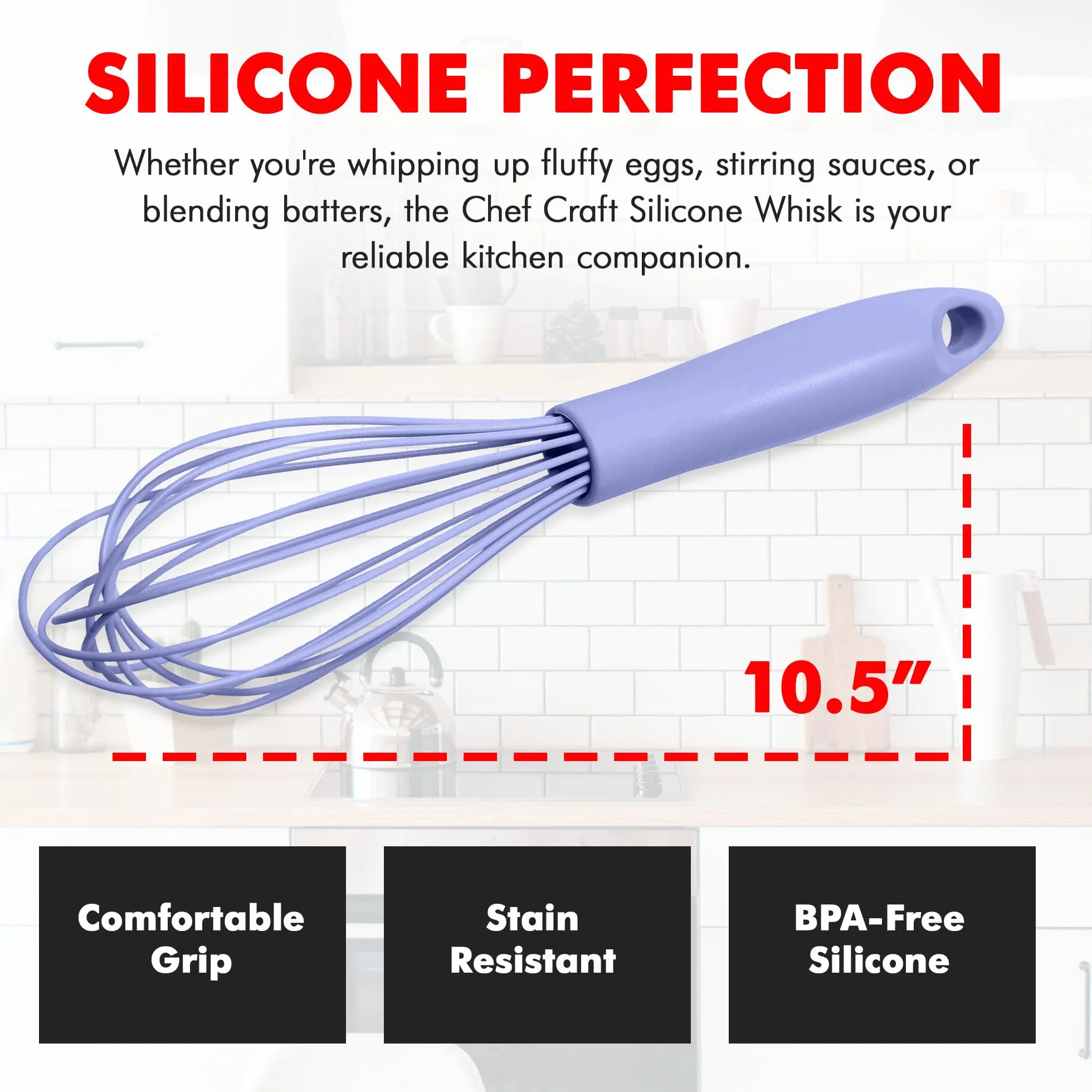 Chef Craft Batidor de cocina de alambre de silicona premium, 10.5 pulgadas, azul pastel