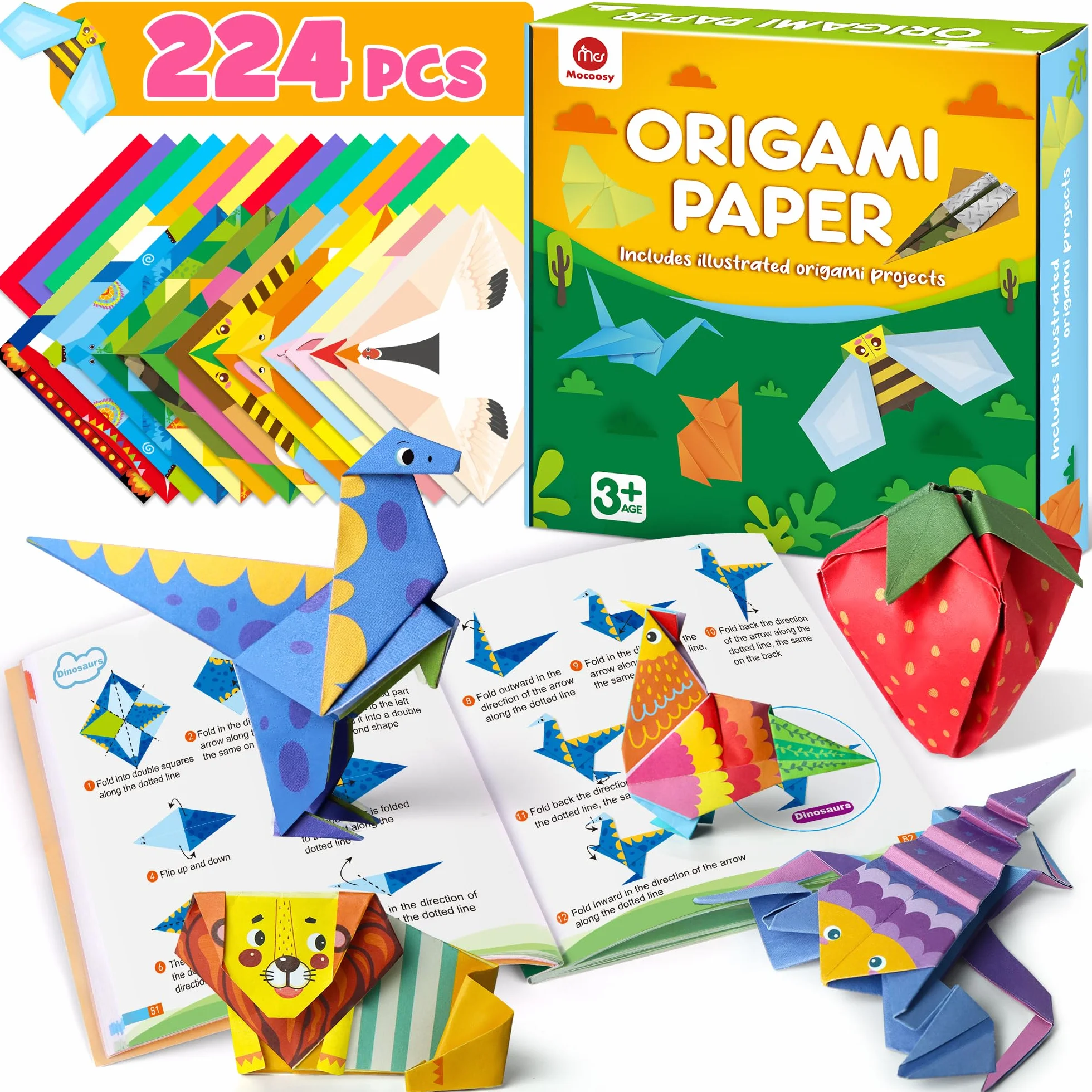 Mocoosy Kit papel origami 224 hojas doble cara 72 patrones tutorial vídeo libro arte artesanía niños regalo