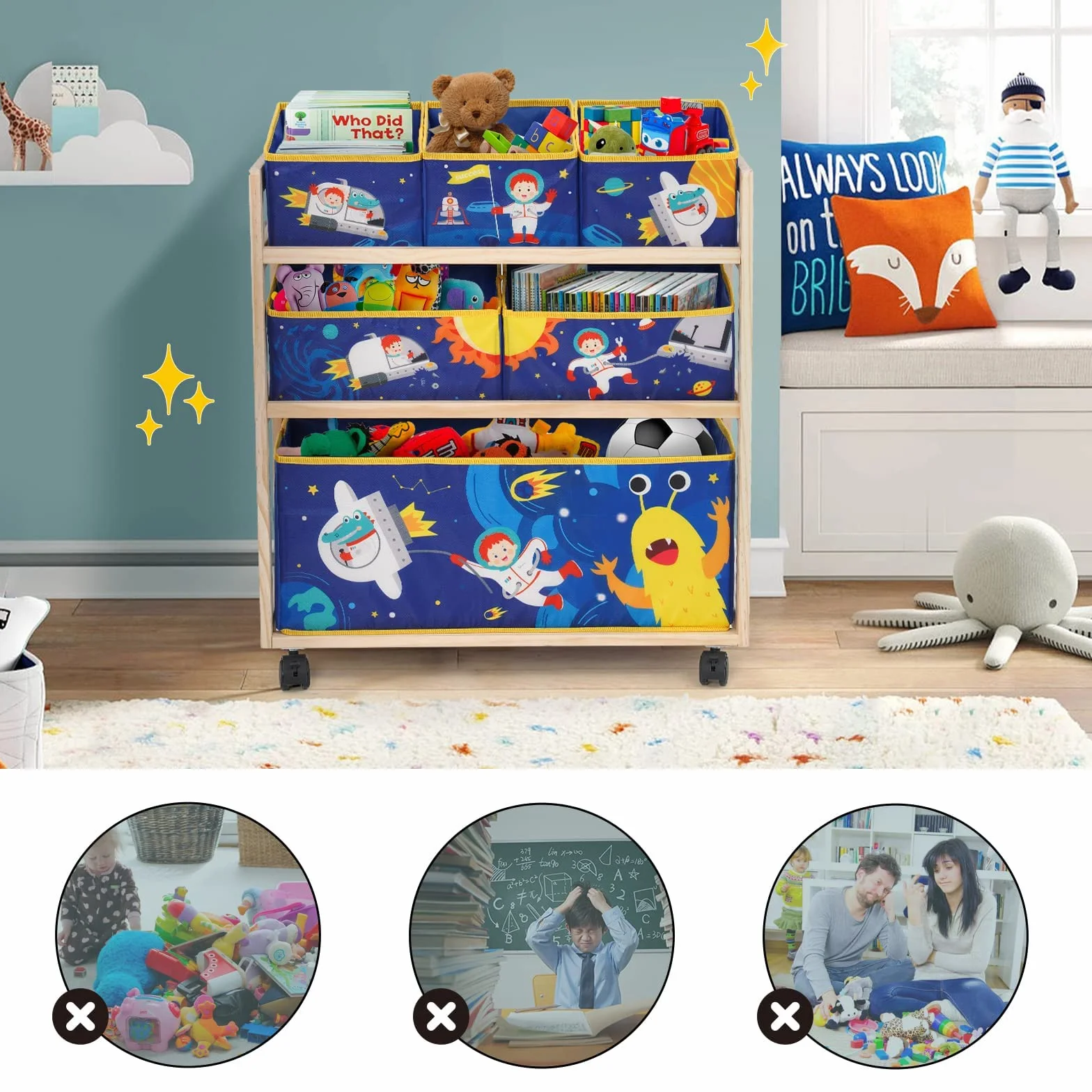 NUKied Estantería Infantil para Juguetes y Libros con Ruedas,6 Cajas de Tela no Tejida Extraíbles, para Sala de Juegos,Escuela, 64x 28 x 60 cm,Patrón Pequeño Monstruo