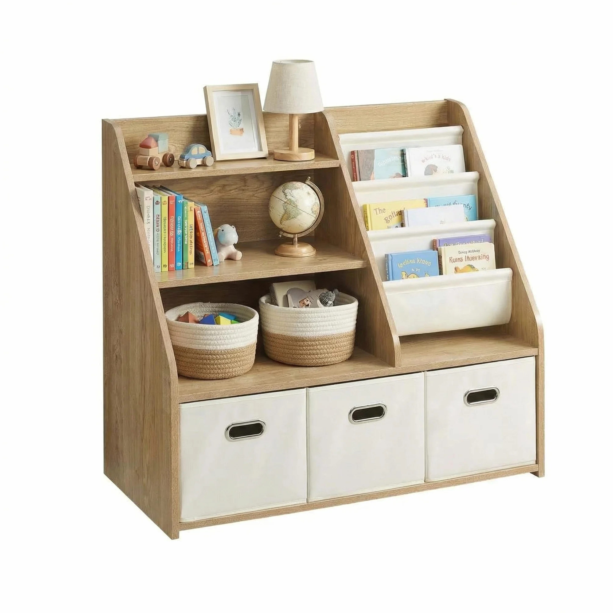 Estantería para niños con Almacenamiento – Montessori – Estantería de Madera para Juguetes de 4 Niveles con 3 cajones y 4 Cajas de Tela | Organizador para habitación Infantil y Sala de Juegos
