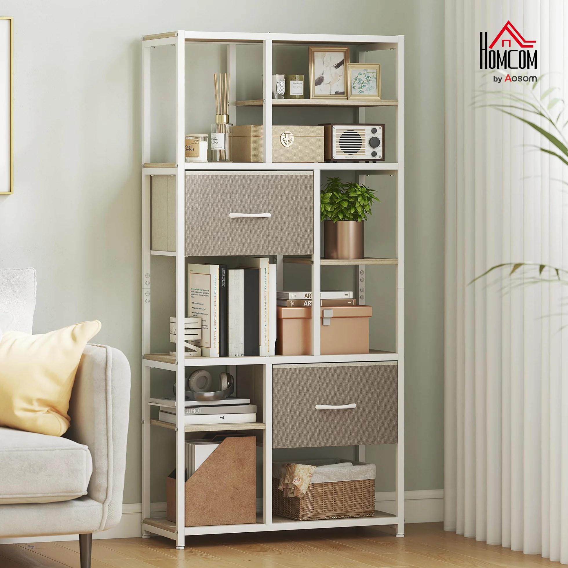 HOMCOM Mueble de almacenaje de 6 Niveles, librería con 2 cajones de Tela, 9 estantes Abiertos, Mueble de almacenaje con Estructura de Acero para salón, Estudio, Dormitorio, 72,5 x 30 x 150 cm,