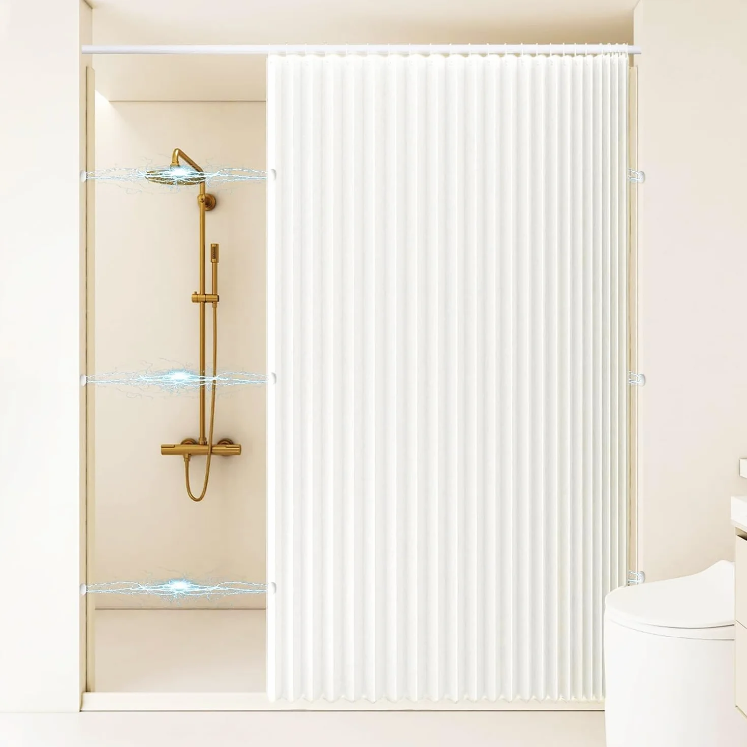 Cortina de Ducha de Lino Plisada, Duradera y de Cierre rápido, para duchas a RAS de Suelo.- W160xH200cm-White