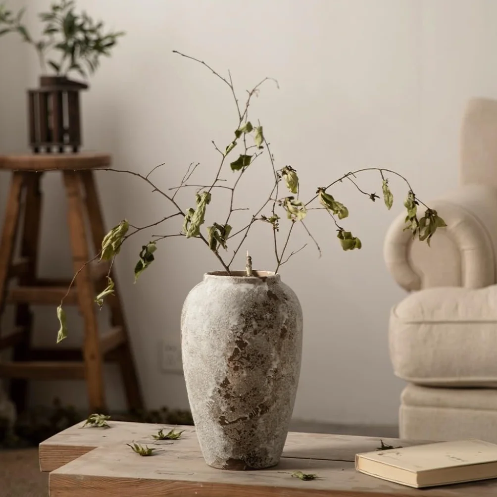 Jarrón de cerámica Moteado Retro, Nuevo jarrón de cerámica Chino, decoración de arreglos Florales, jarrón de cerámica hidropónica, jarrón para el hogar, Gris-A
