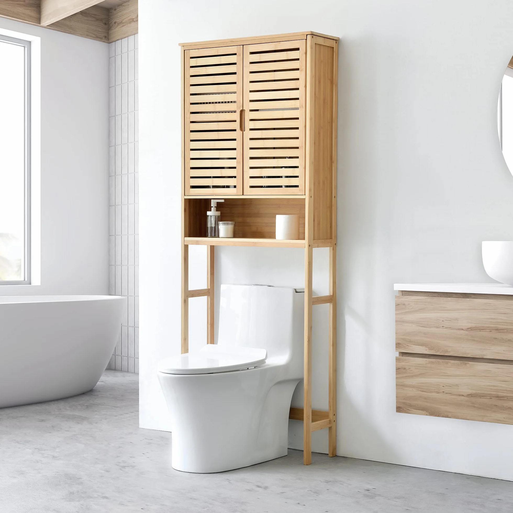 [en.casa] Mueble de Baño sobre el Inodoro con Amplio Espacio de Almacenaje Armario Alto con 2 Puertas y Compartimiento Abierto Bambú 170 x 66 x 23 cm Natural