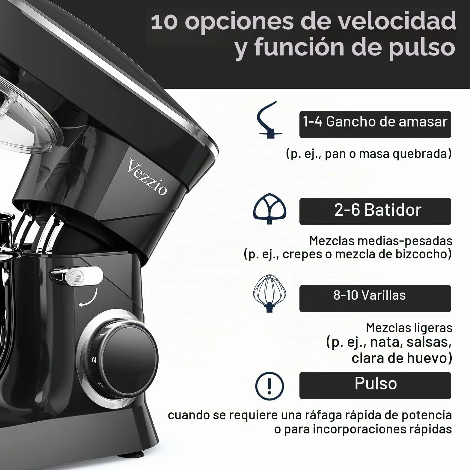 Batidora Amasadora Vezzio 8.5L Repostería Profesional 1500 W 6 Velocidades Robot de Cocina Batidora Multifunción Bajo Ruido Bol de Acero Inoxidabl, Amasador, Batidor y Varillas (Black)