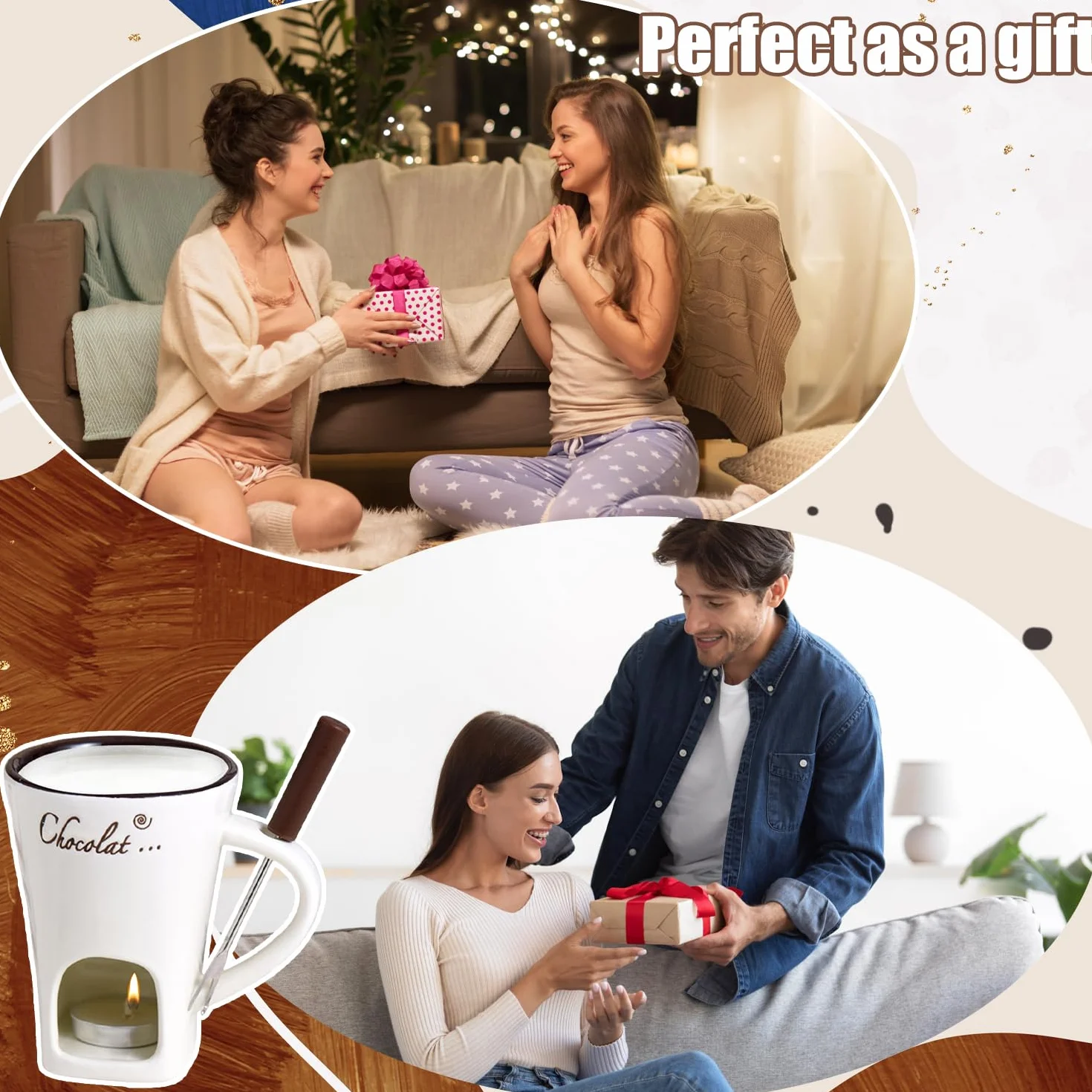 Taza de Fusión de Chocolate 130 ML Juego de Fondue de Chocolate de Cerámica con Tenedores y Vela de Té