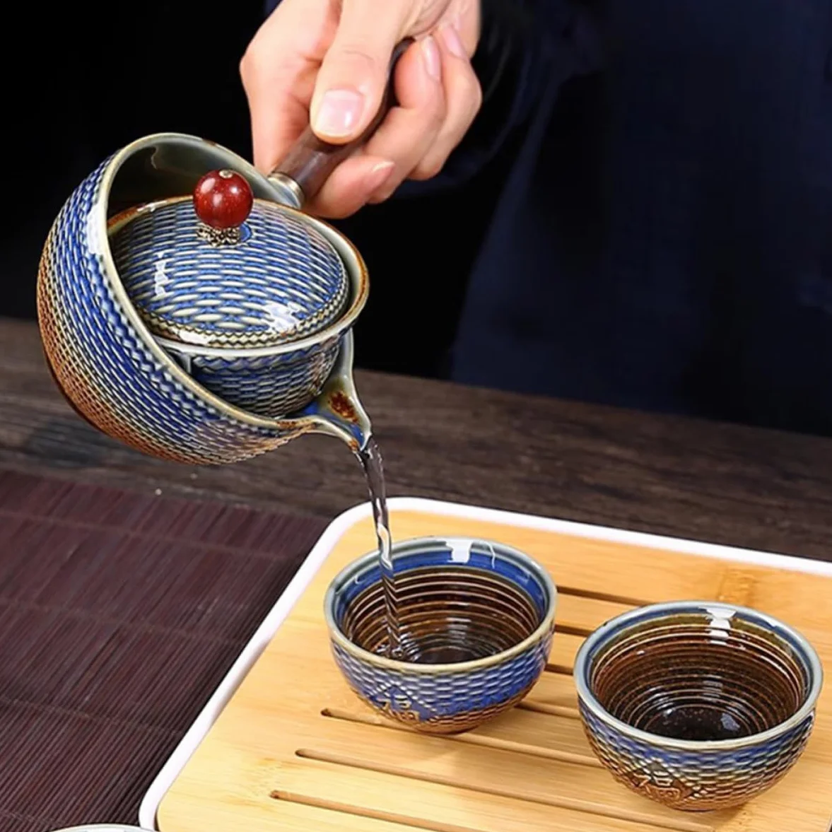 DOITOOL Juego de Té de Cerámica Portátil Tetera Giratoria y Bolsa de Lona para Viaje y Oficina, Diseño Práctico y Elegante para Aficionados al Té