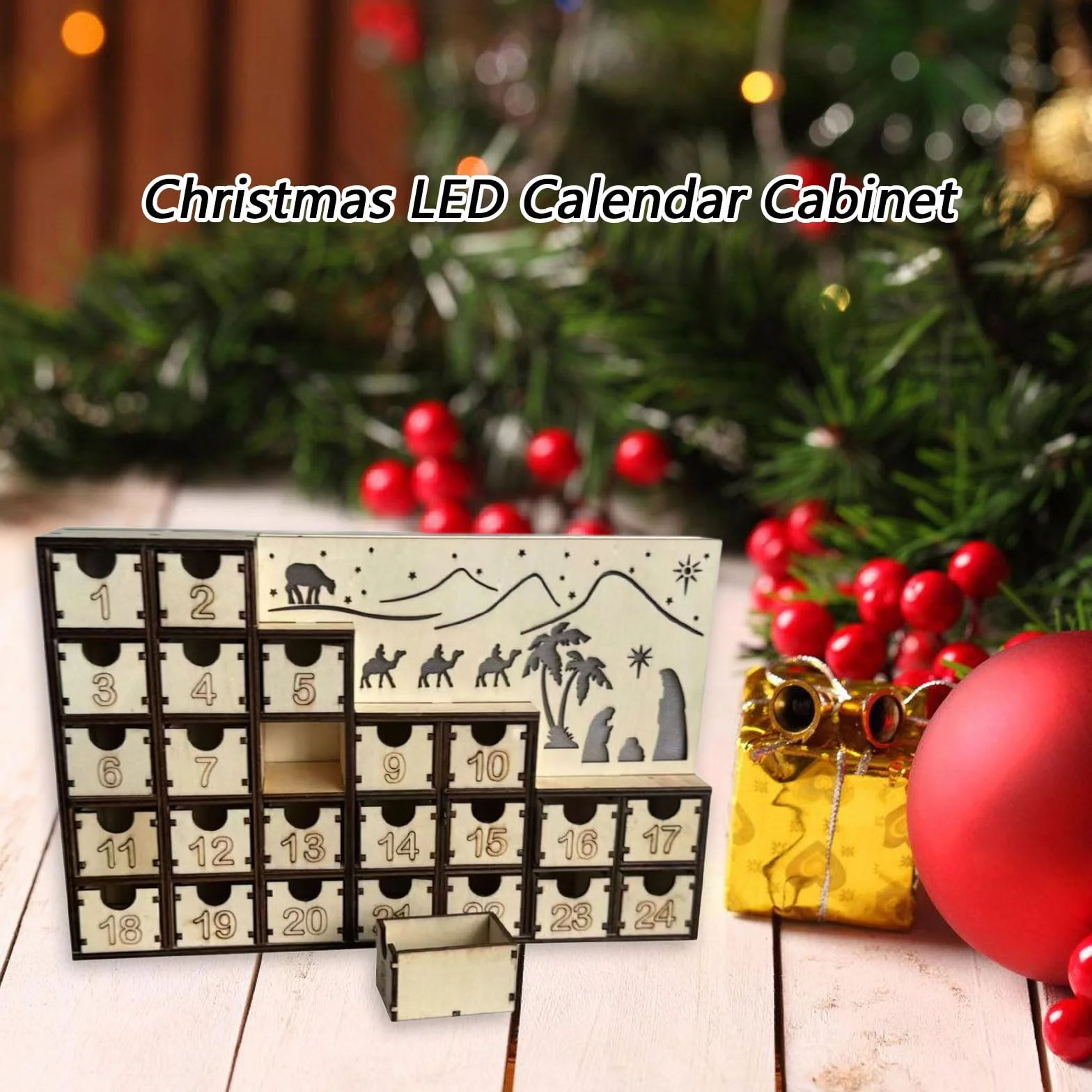 Calendario de Adviento de madera iluminado con luces LED para decoración de Navidad, festival, herramienta de decoración