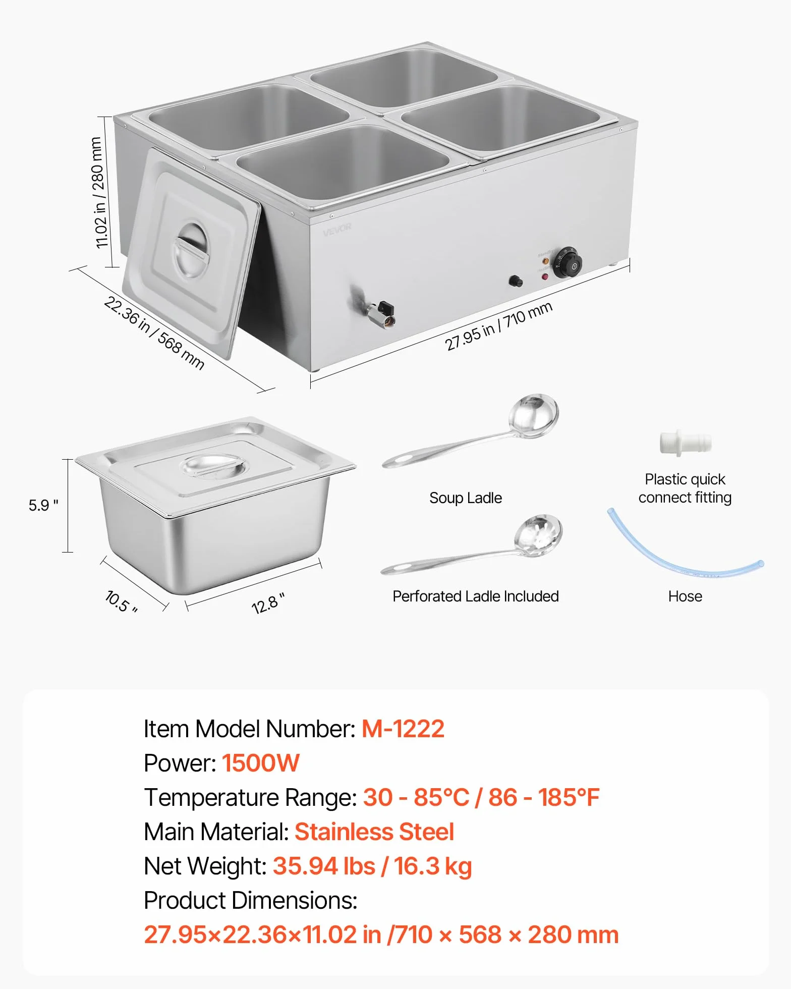 VEVOR Calentador de Alimentos 1500 W Acero Inoxidable 4 Bandejas Baño María
