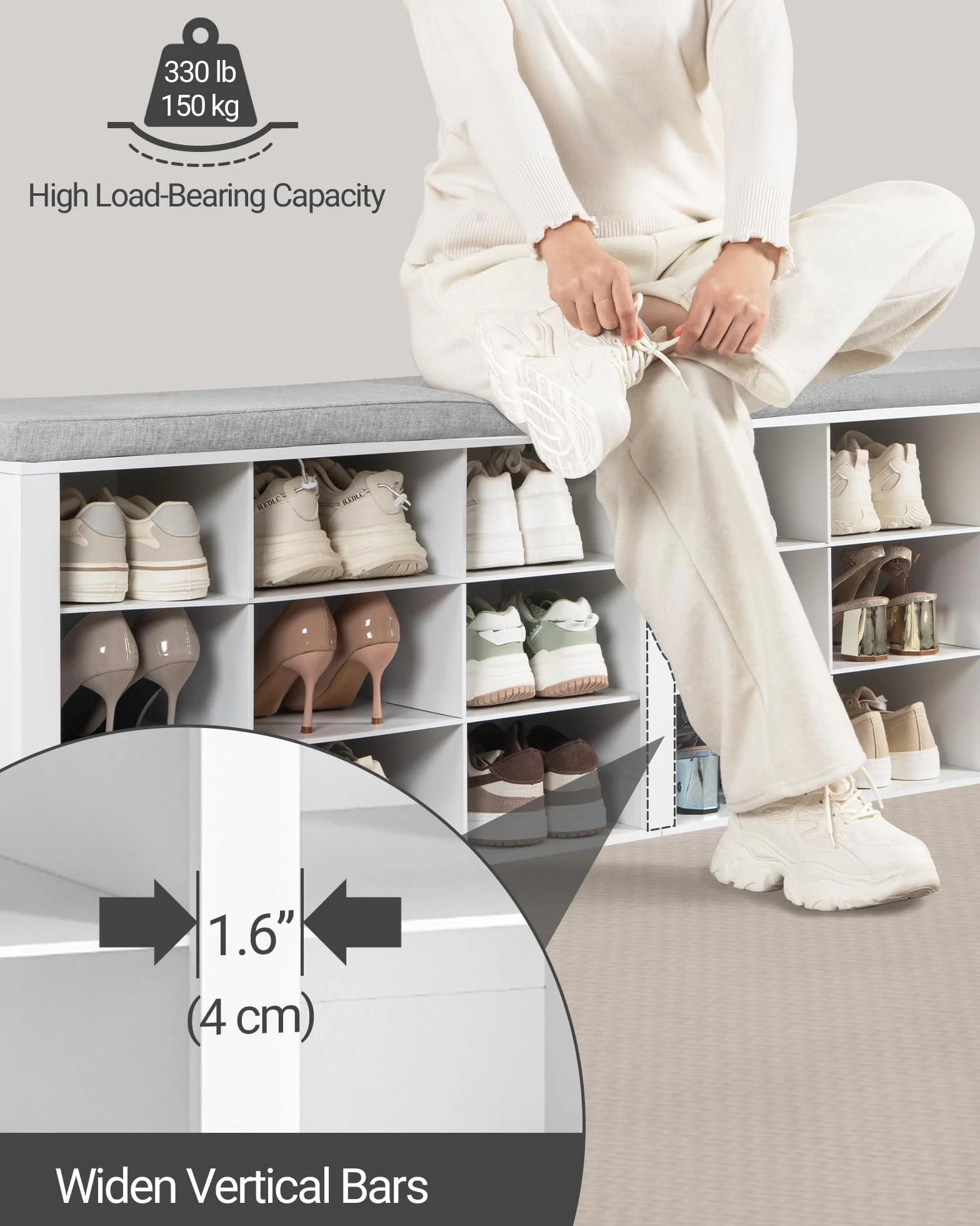 Hzuaneri Banco Zapatero, Zapatero con Asiento, Banco con Almacenaje, Cojín, 18 Compartimentos, 30 x 150 x 48 cm, para Salón, Pasillo, Dormitorio, Blanco SB25703GY