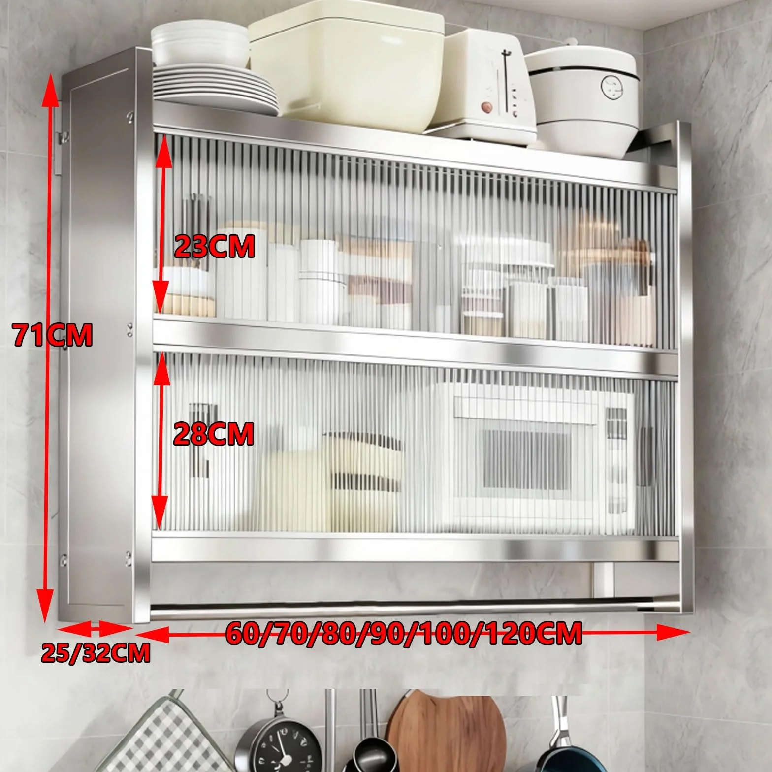 Armario de Pared Colgante de Acero Inoxidable para Cocina Baño Garaje con Puerta Corredera Semitransparente Barra para Colgar Varios Tamaños Disponibles(120 * 32 * 71cm)