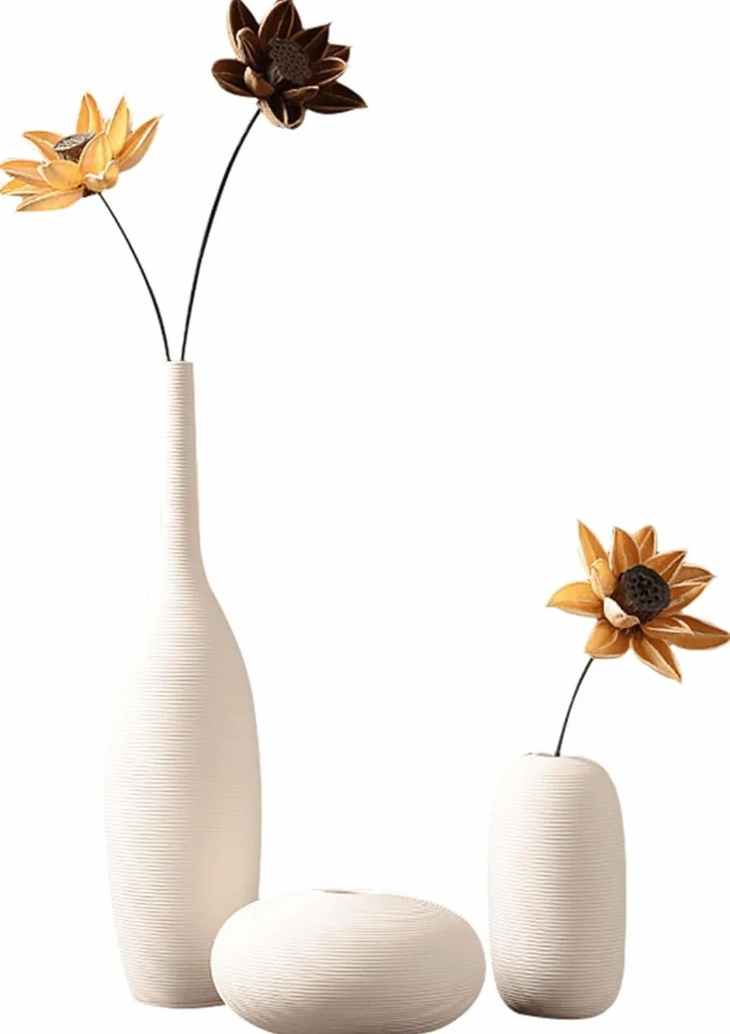 3 jarrones de cerámica de tres piezas con decoraciones florales secas, jarrón de cerámica blanco moderno, pequeños jarrones de cuello estrecho, jarrones de cerámica decorativos, chimenea,