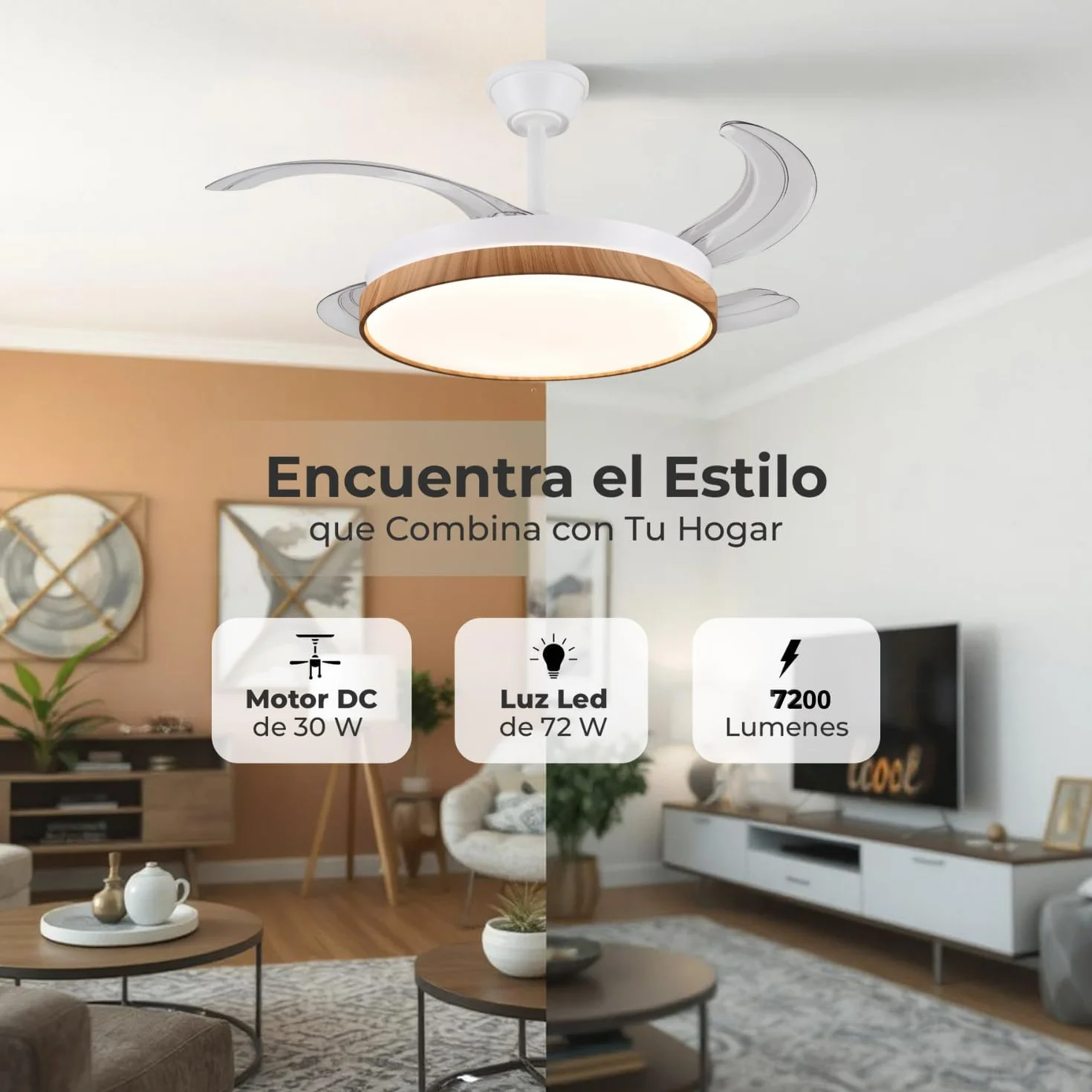 LUMIKING Ventilador de Techo con Luz LED 72W Silencioso - CCT 3000-4000-6000K con Aspas Retractiles - Mando a Distancia, Función Verano e Invierno y Reversible - Ventilación en Hogares y Oficinas