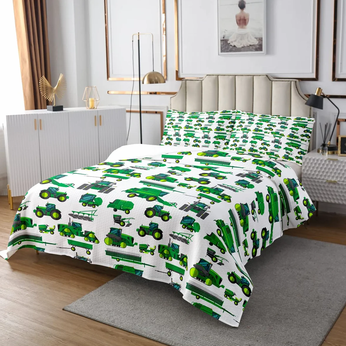 Equipamiento Camiones Acolchada Excavadoras para Niños Niños Niñas Niños Niños Verde Vehículo Coverlet Set Construcción Suave Tractor Acolchado King