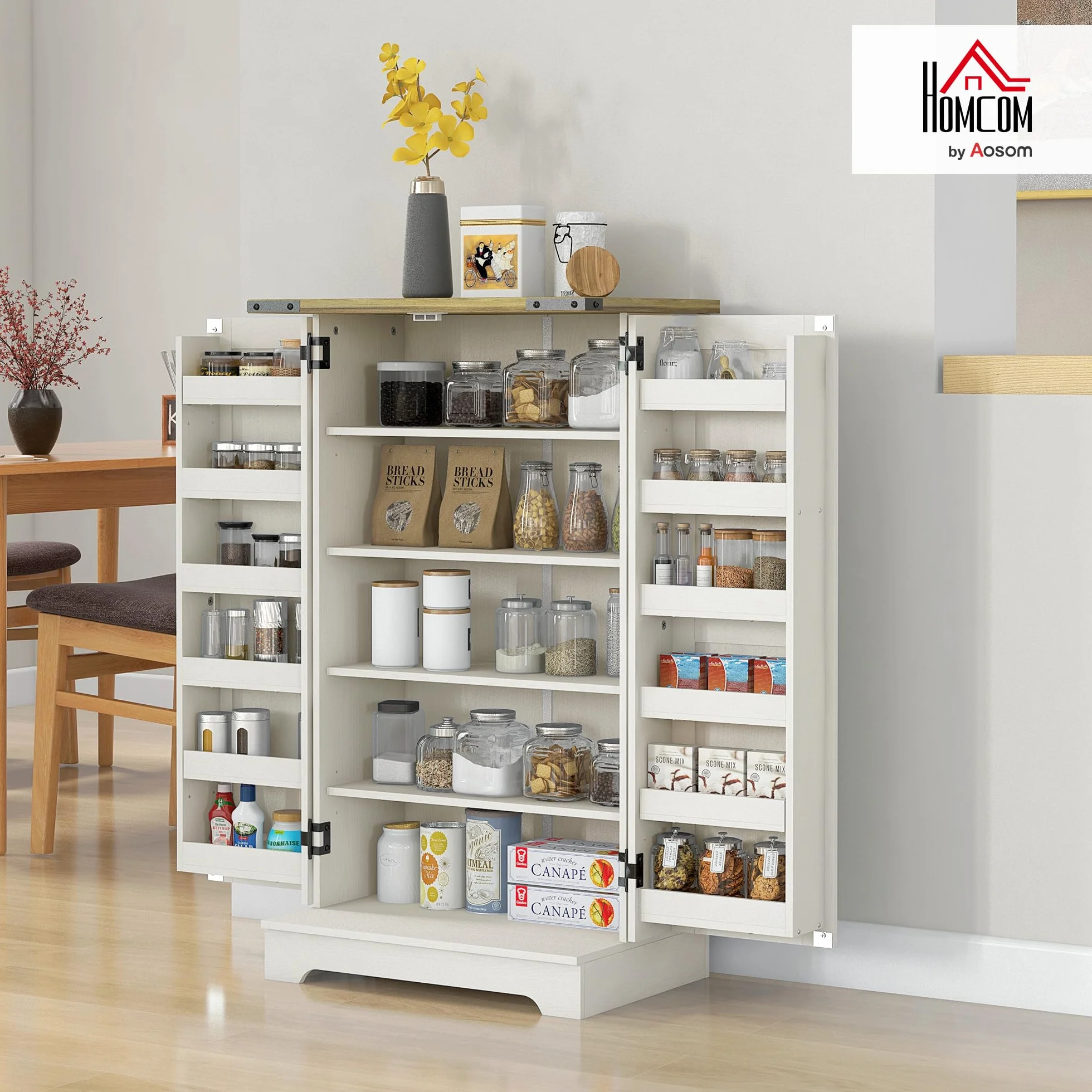 HOMCOM Armario Despensa Cocina Armario de Cocina con 2 Puertas y 16 Estantes Alacena Rústica con Estante Ajustable para Comedor Salón 60x40x104 cm Crema