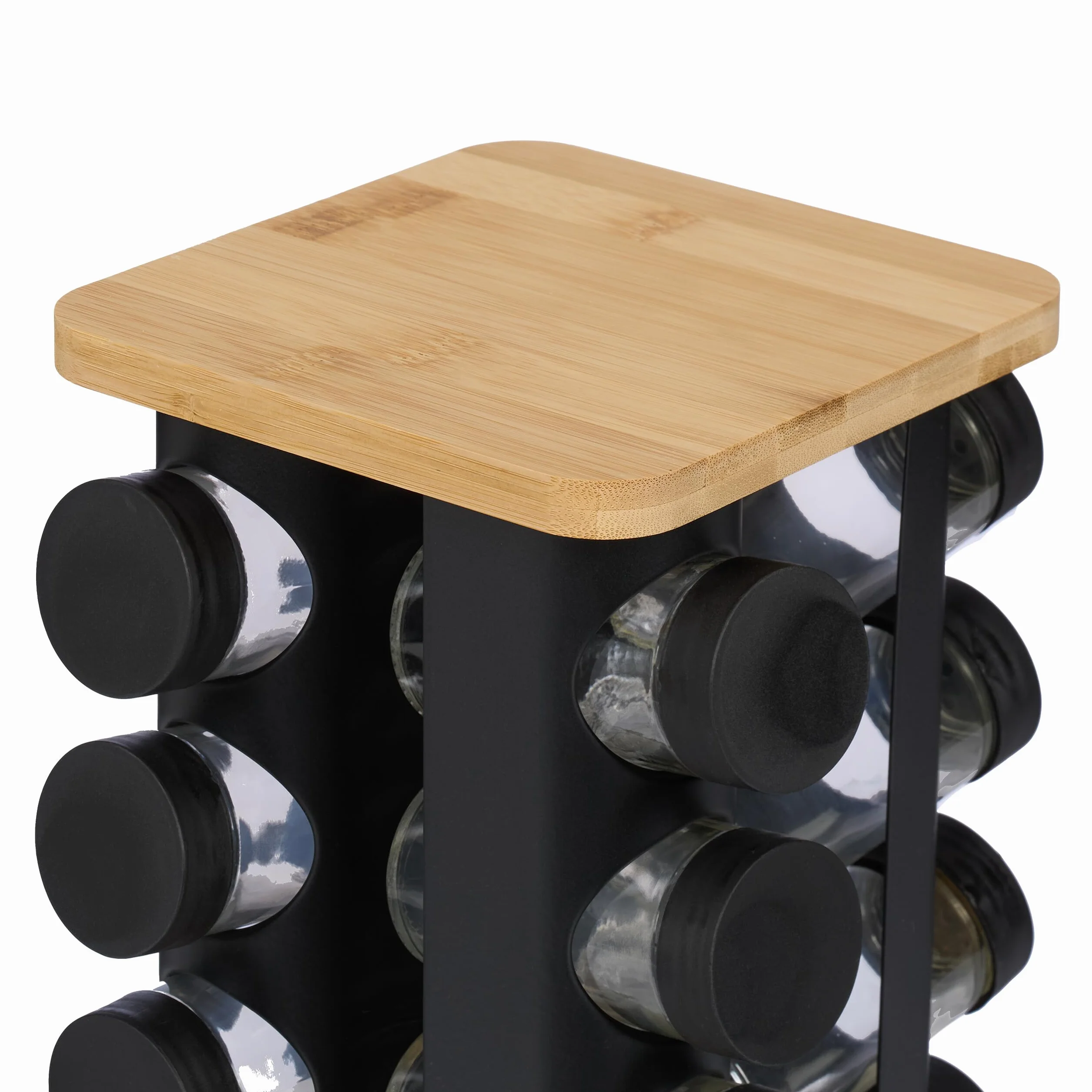 Relaxdays Especiero Rotatorio con 16 Botes, Carrusel Especias Giratorio 360º, Acero y Bambú, 28x20x20cm, Negro y Natural