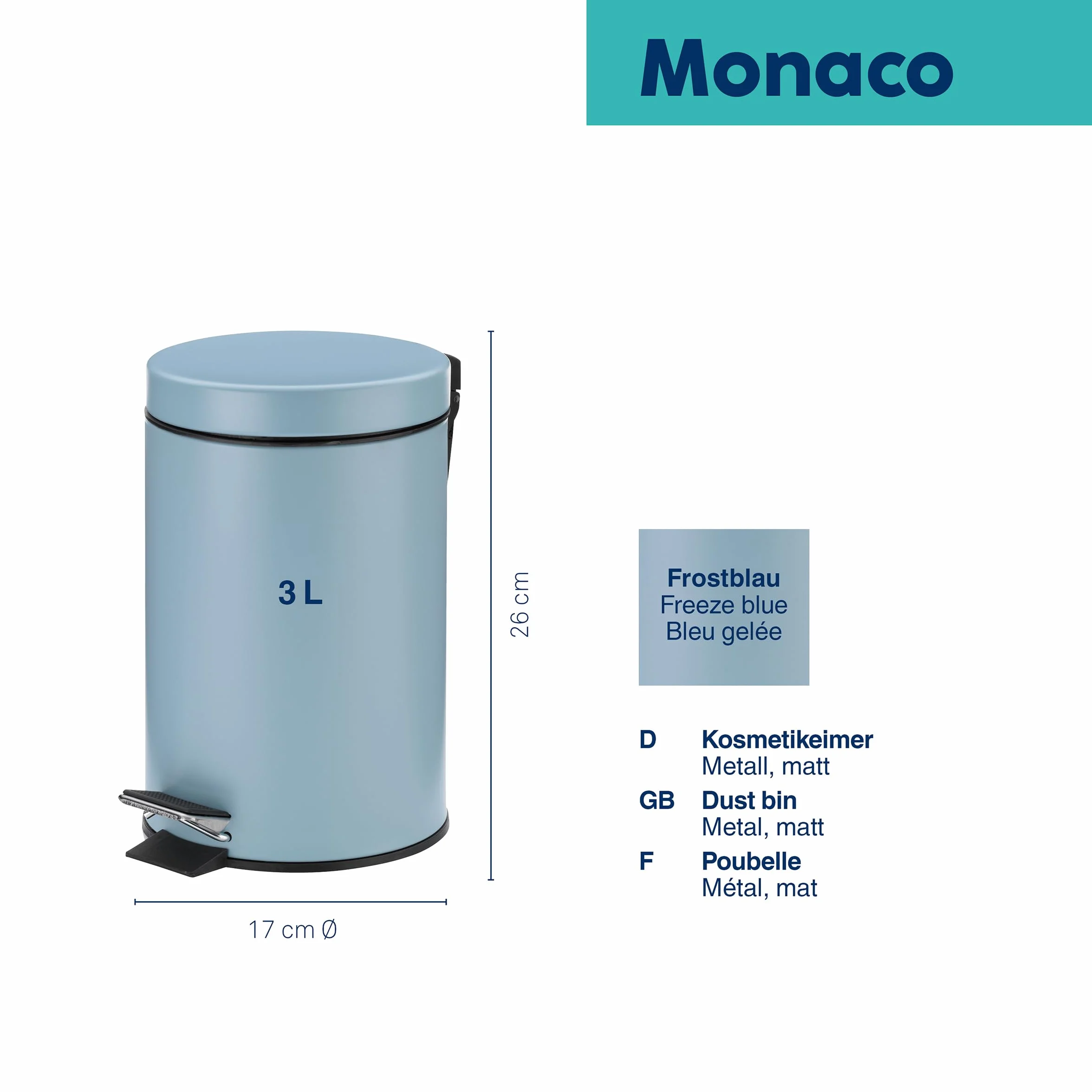 Cubo de basura con pedal MONACO azul hielo mate 3 l para baño