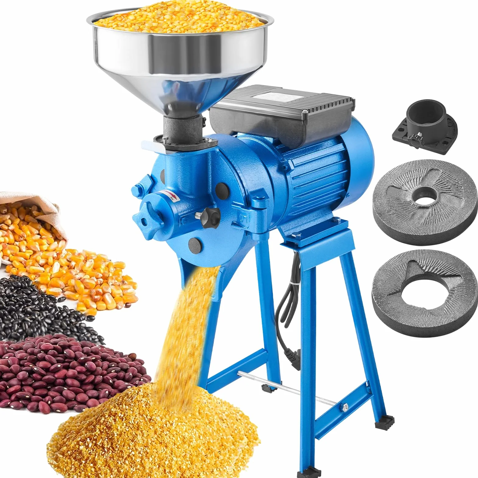 VEVOR Molinillo de Cereales Eléctrico Seco y Húmedo 2 en 1 Molino de Grano Comercial 1500 W Molino de Harina con 1 Muela de Acero y 1 Muela Abrasiva para Molienda Rápida de Cereales Especias Hierbas