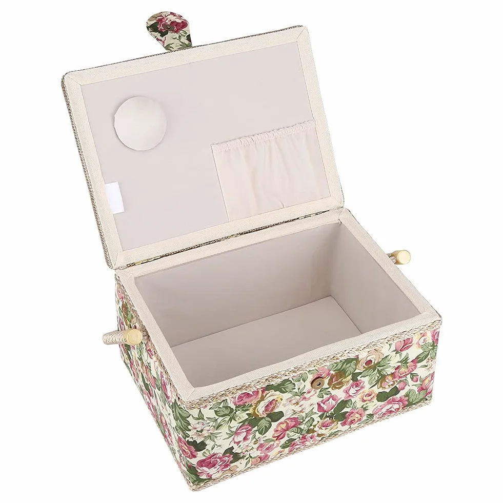 lyrlody Cesta de Costura Vacía con Compartimientos, Caja de Almacenaje de Tela con Tapa y Asa, 30,5 x 23 x 15,5cm