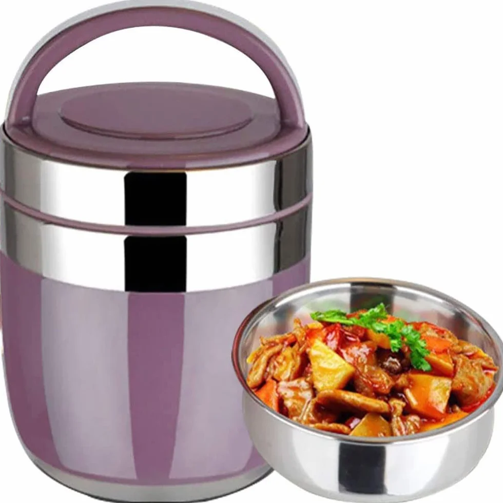 PLMKO Recipiente térmico para alimentos, recipiente térmico de acero inoxidable, fiambrera con asa, 2 capas, calidad alimentaria, fiambrera de gran capacidad (lila 1 2 L)