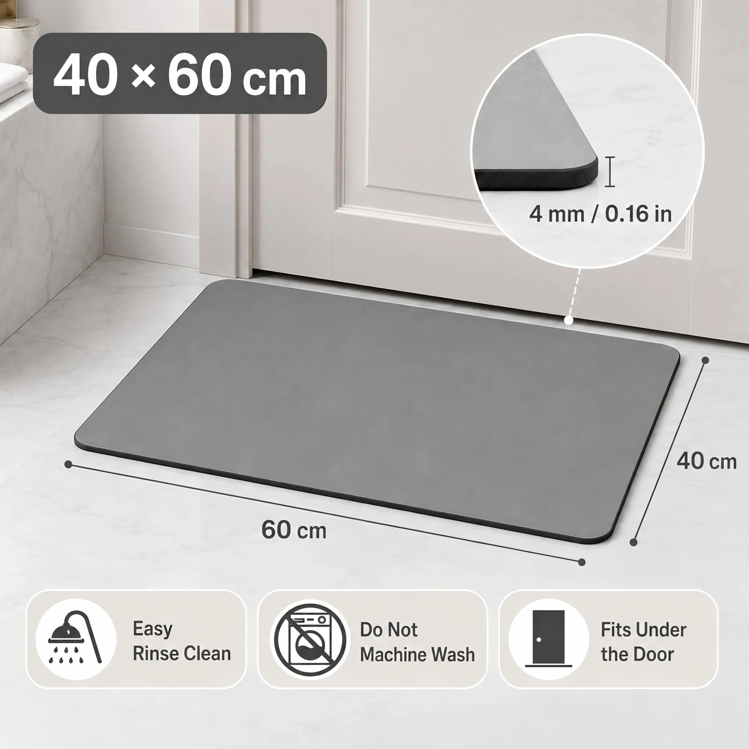 Alfombra Diatomita Baño 40×60 Antideslizante Absorbente Piedra Gris Oscuro