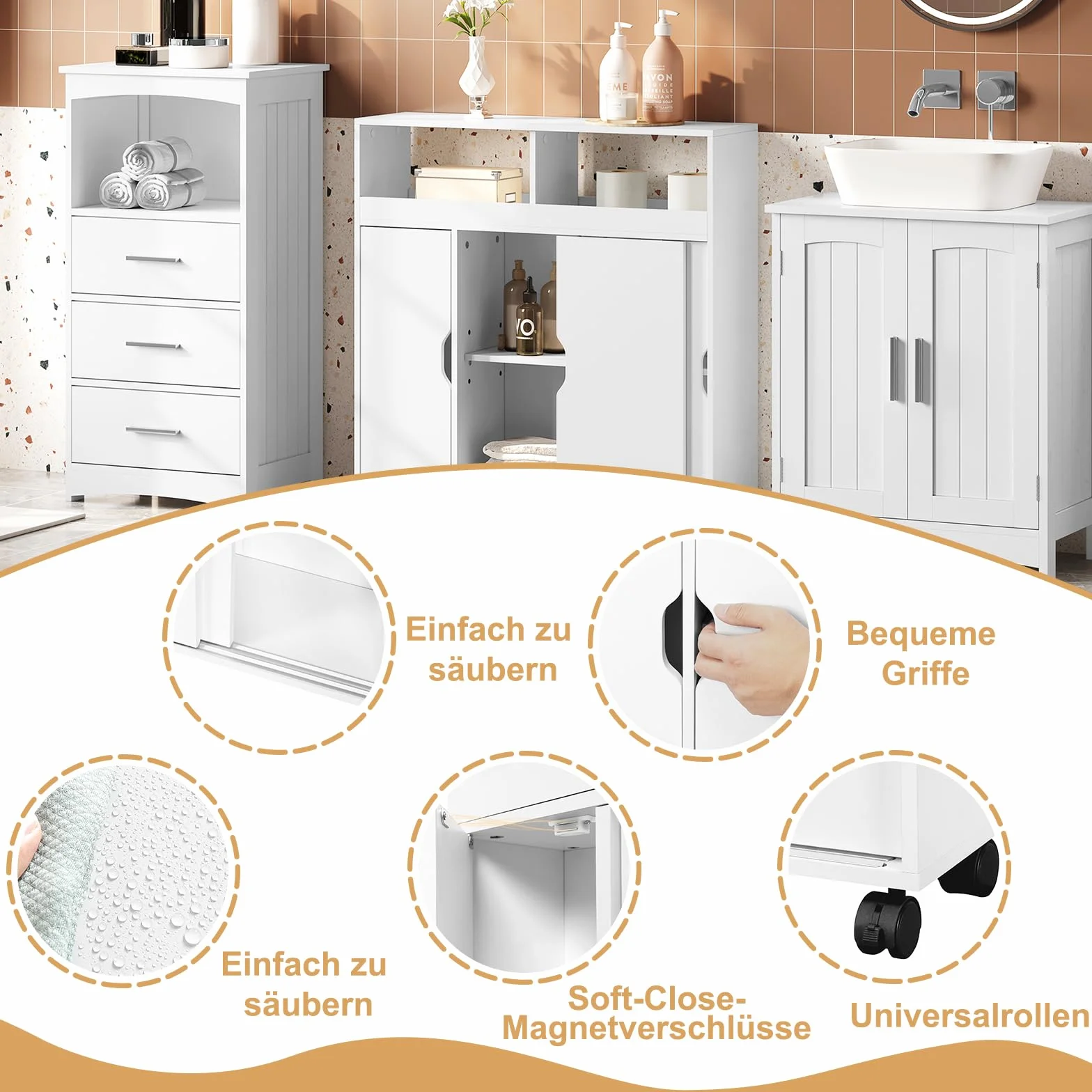 EUGAD Carrito de Almacenamiento, Armario de Baño con Ruedas, Estantería Multifuncional, Carrito de Cocina, Mueble Auxiliar Baño, Ahorro Espacio, Blanco, 70x20x71,5 cm