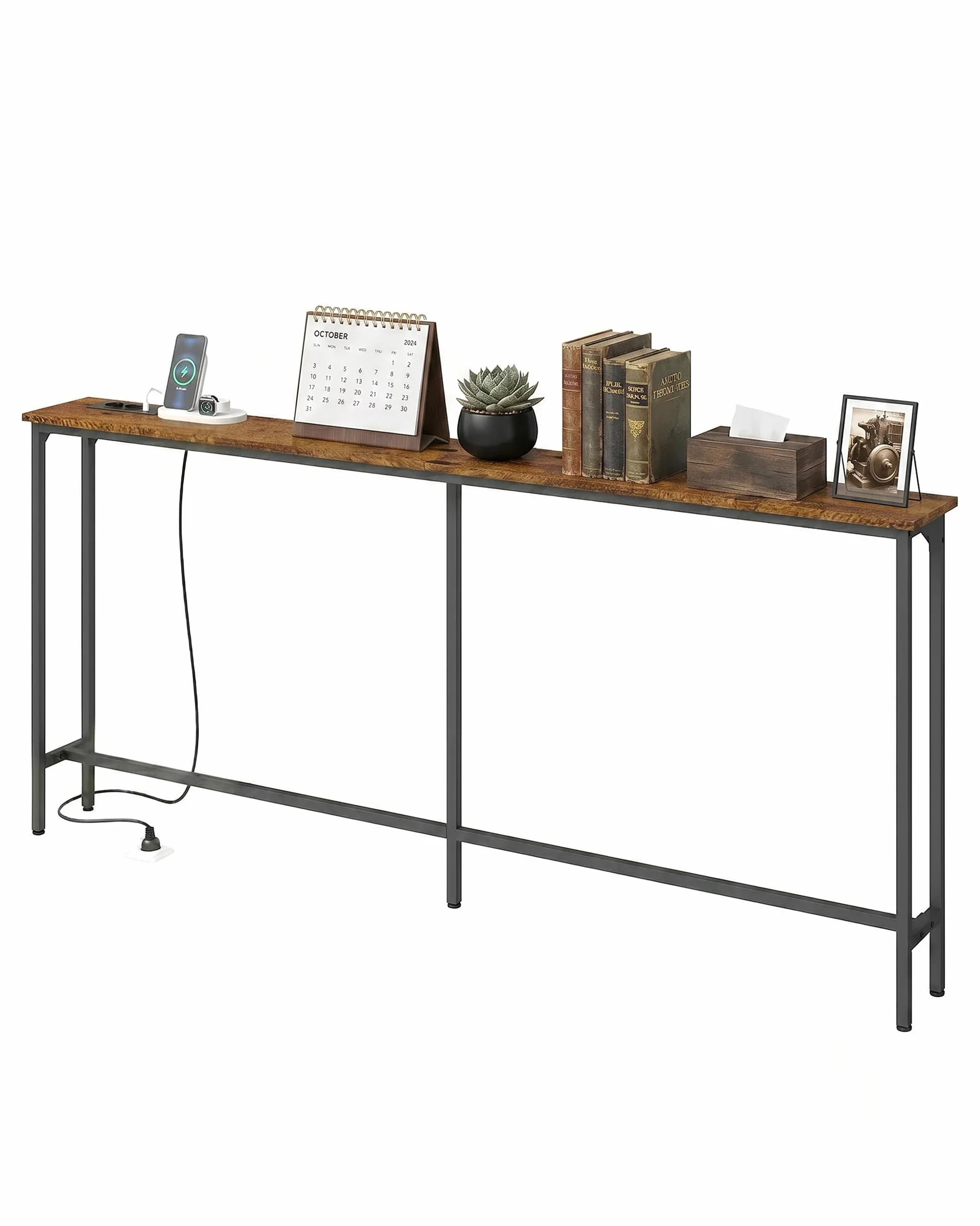Consola Recibidor Madera 20 cm Fondo, Recibidores de Entrada, Mueble Recibidor Entrada, Mesa Alta de Estilo Industrial con 2 enchufes y 2 interfaces USB