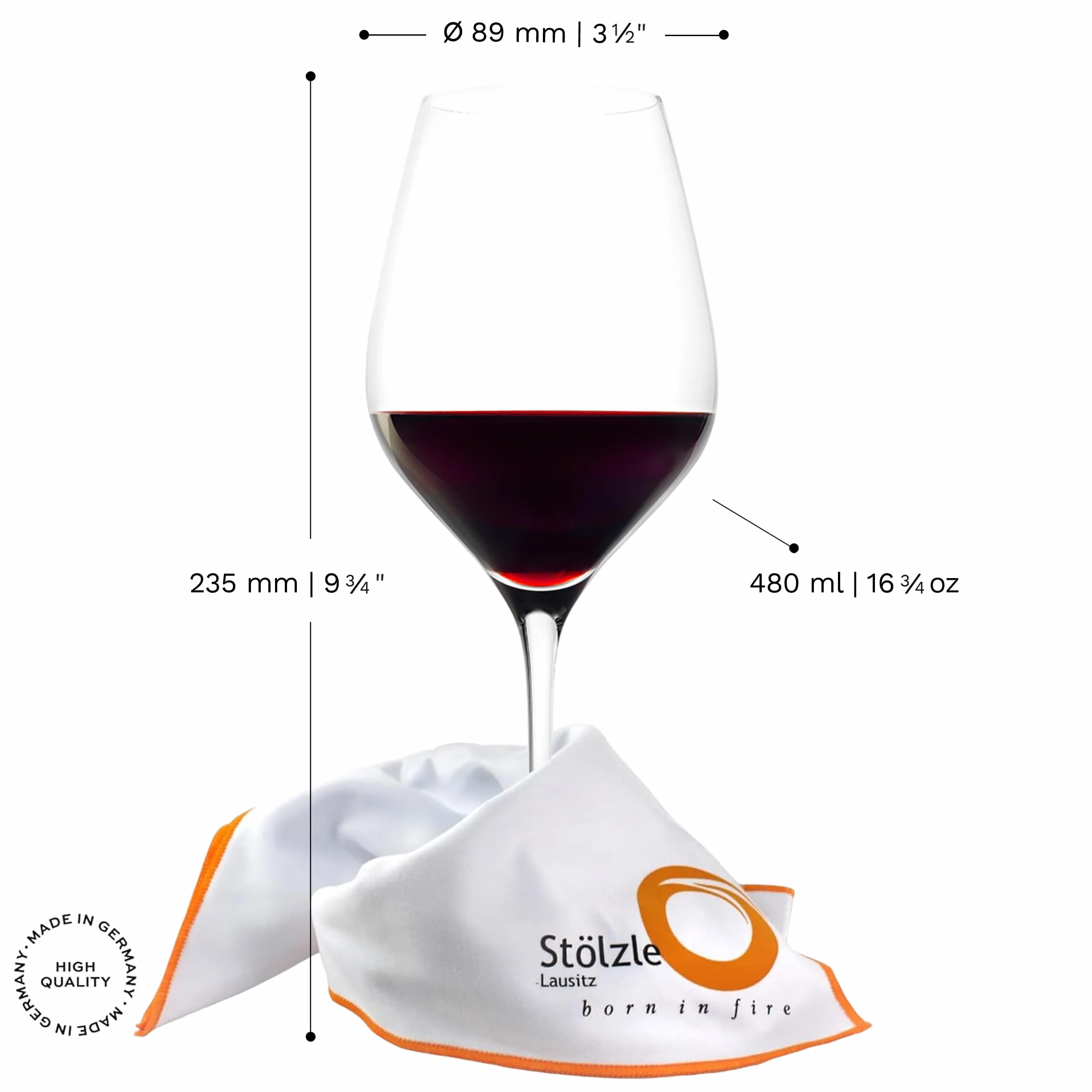 Stölzle Lausitz Exquisit Royal - Juego de 6 copas de vino tinto (480 ml, ideal para vino tinto), elegante copa de vino tinto de cristal para el máximo desarrollo del aroma, incluye paño de pulido