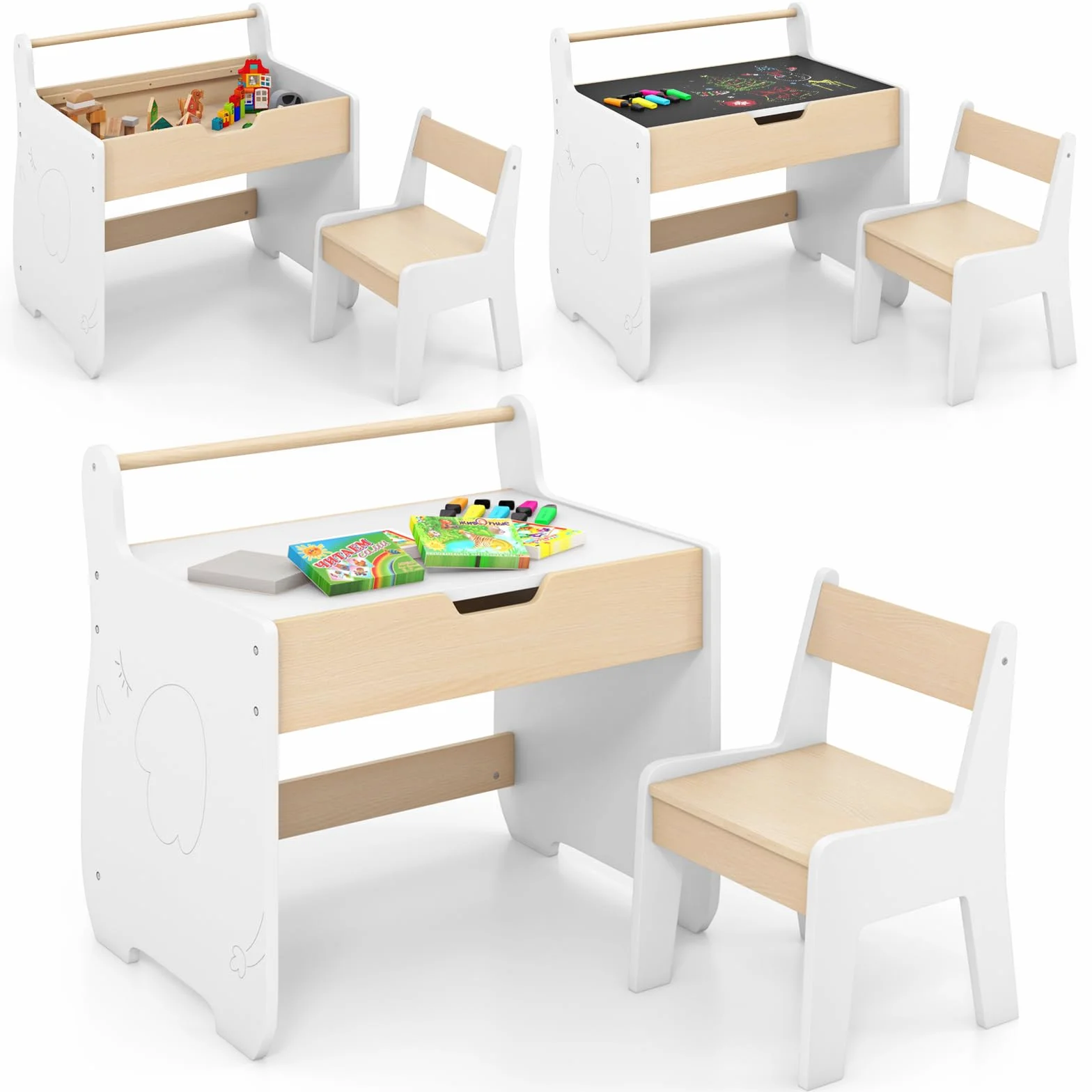RELAX4LIFE Juego de mesa y silla 2 en 1 para niños, escritorio de madera con tablero extraíble de doble cara, amplio espacio de almacenamiento, diseño multifuncional para habitación de los niños