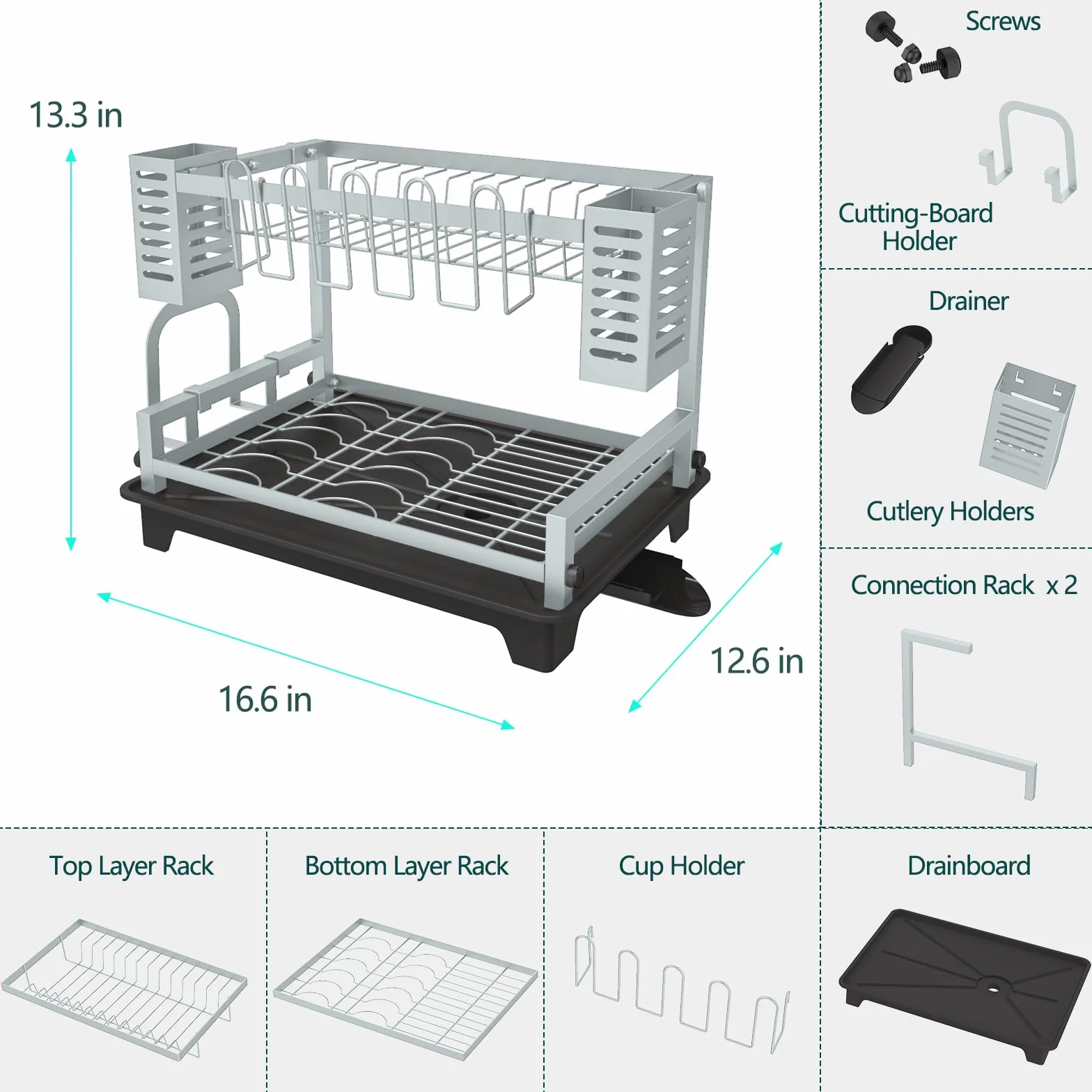 Escurridor de platos de 2 niveles con escurridor y soportes para fregadero, escurridor de platos grande de acero inoxidable para encimera de cocina, ahorro de espacio y resistente a la corrosión