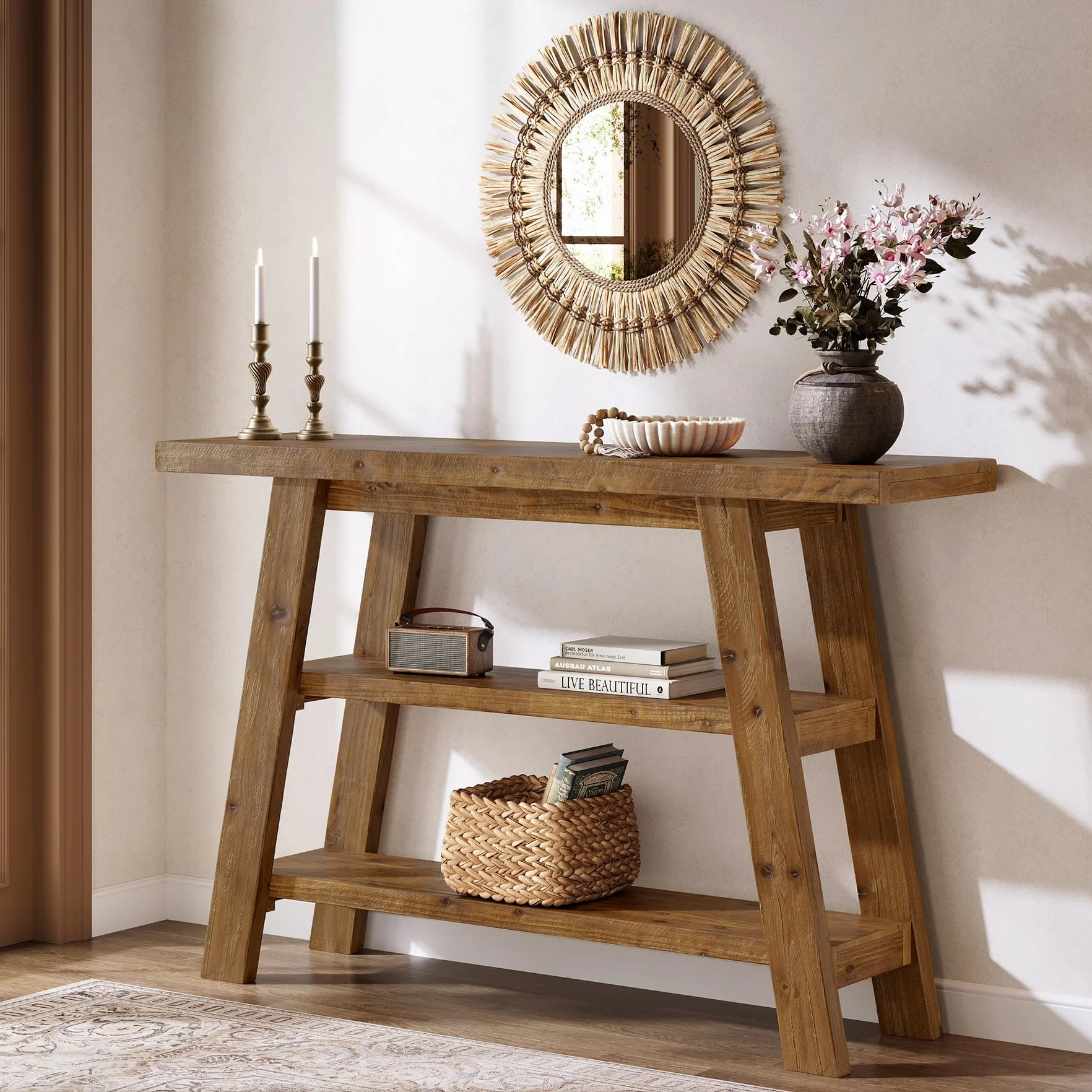 Mesa Consola de Madera Maciza de 120 cm, Mesa de Entrada con estantes de 3 Niveles, rectangulares detrás del sofá, mesas de Acento estrechas para Pasillo, Entrada, vestíbulo, salón (Marrón)
