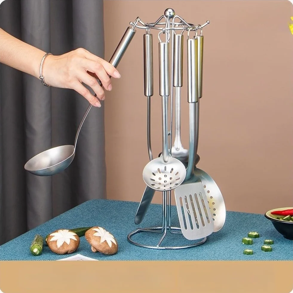 Juego de utensilios de cocina de acero inoxidable, 7 piezas con estante de almacenamiento, herramientas de cocina resistentes al calor con asas antideslizantes para freír y freír