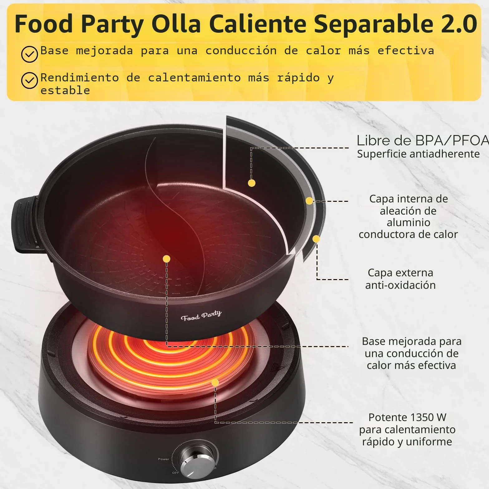 Food Party Olla Hot Pot Eléctrico 4L 220V 1350W Separable Fondue Shabu Shabu