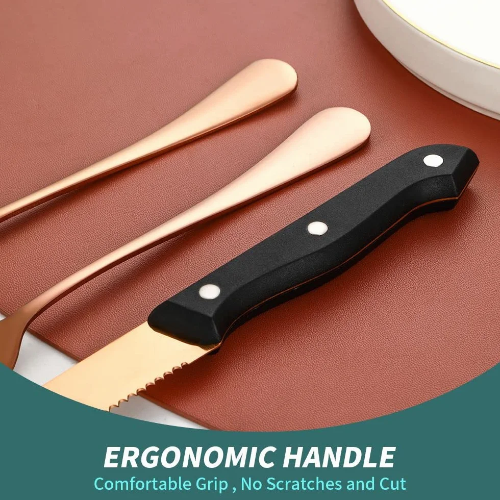 (24 piezas) Juego de cubiertos de cocina de acero inoxidable para 6, cuchillo de carne, tenedor, cucharaditas, comida occidental, postre, banquete, hotel, restaurante (oro rosa)