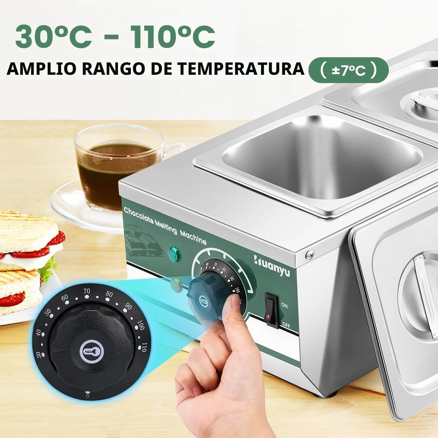 Huanyu Temperadora de chocolate con 2 ollas 30℃-110℃ Máquina derretidora de chocolate Fundidor de chocolate comercial de 800W Calentador de agua para fundir chocolate