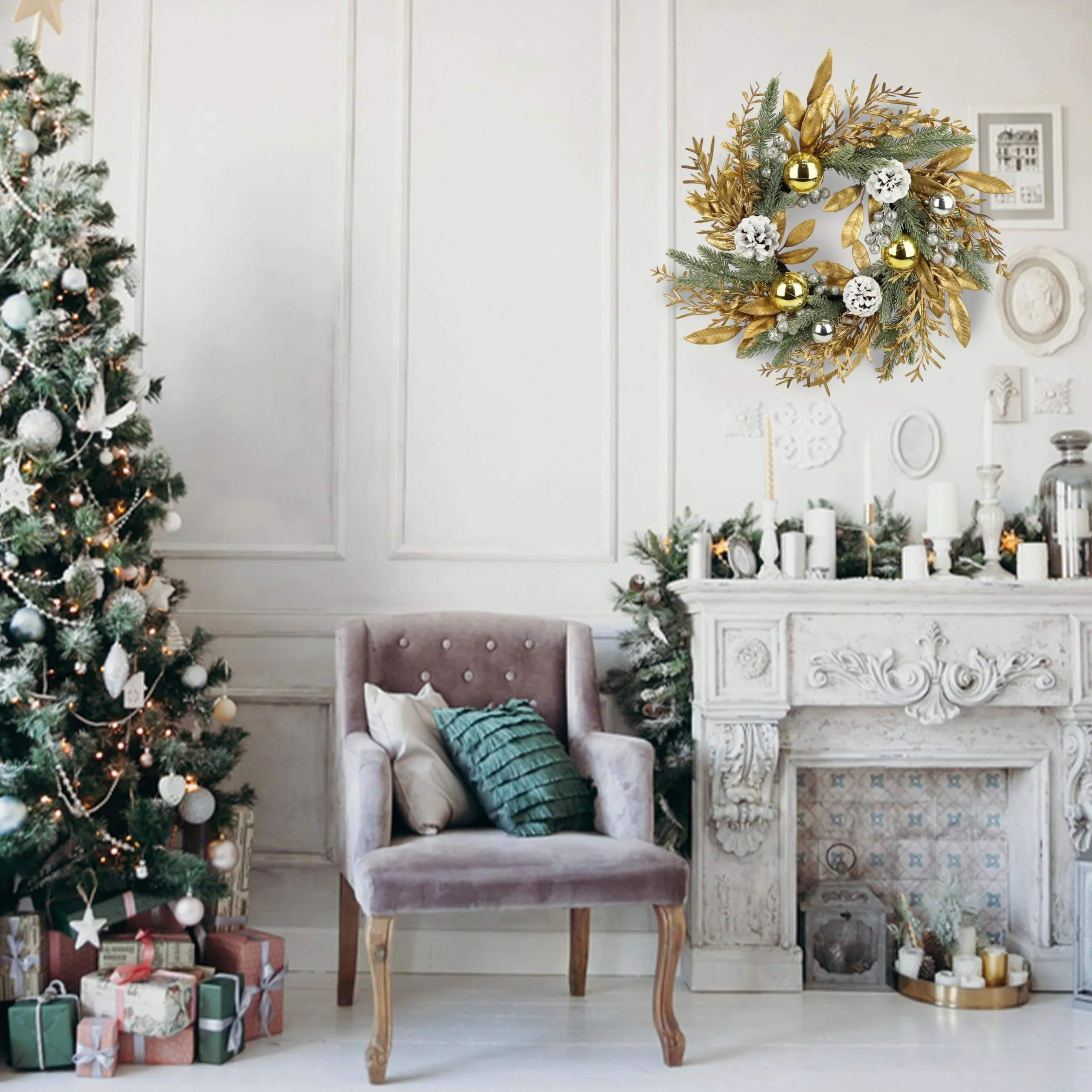 Zavothy Corona de Navidad de 50 cm, Corona de Puerta Artificial de Navidad con Piñas y Bolas de Navidad, Corona de Adviento, Decoración de Navidad, Dorado